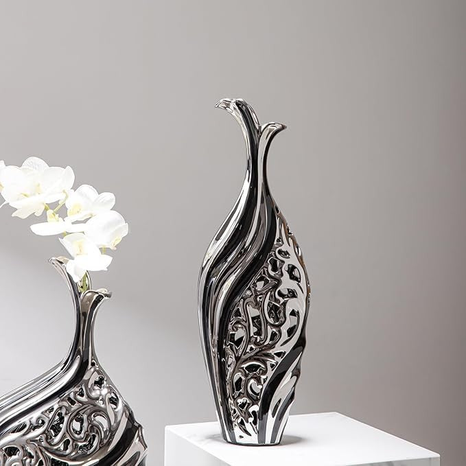 Tall Silver Black Floor Vase 50cm Modern Luxury Pampas Grass Decor