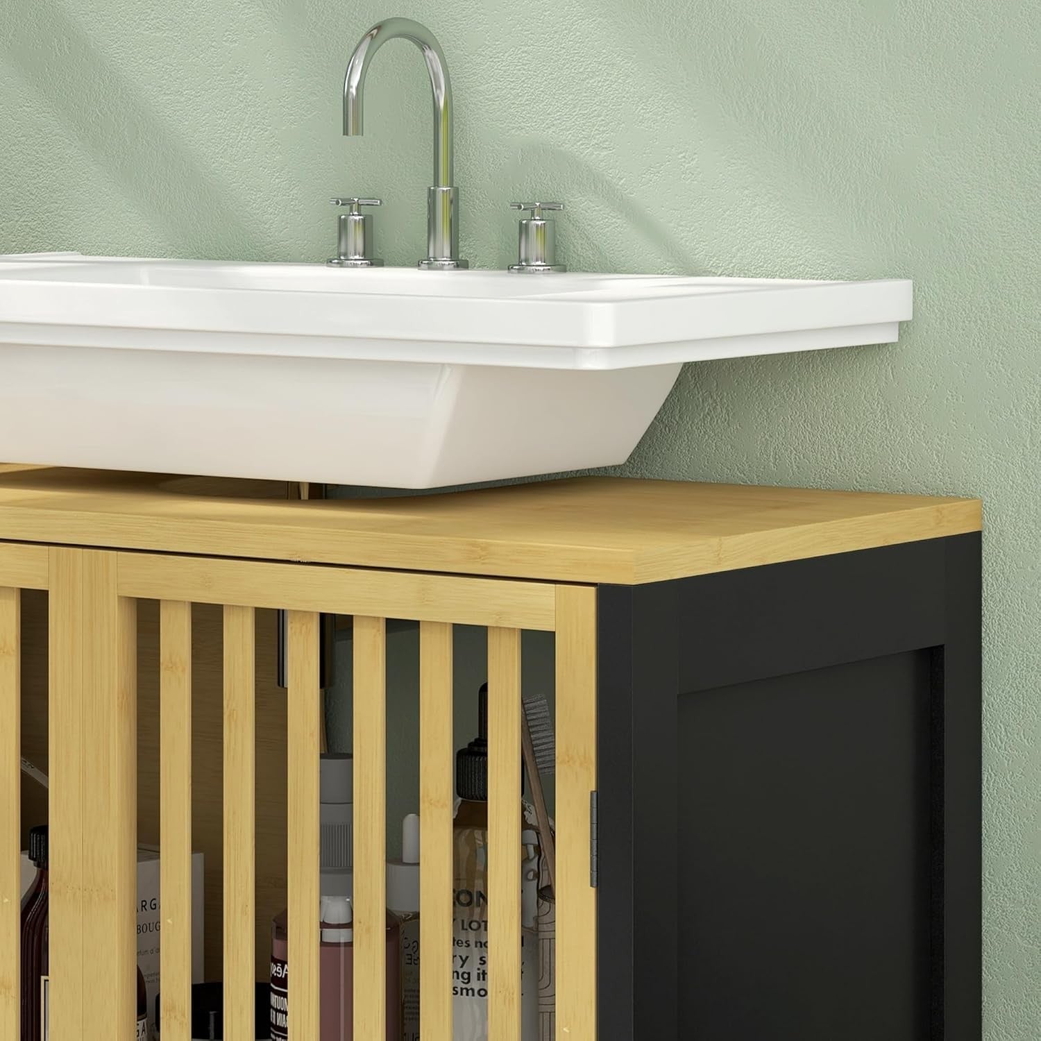 Bamboo Bathroom Sink Cabinet Under Sink Storage Unit with Adjustable Shelf