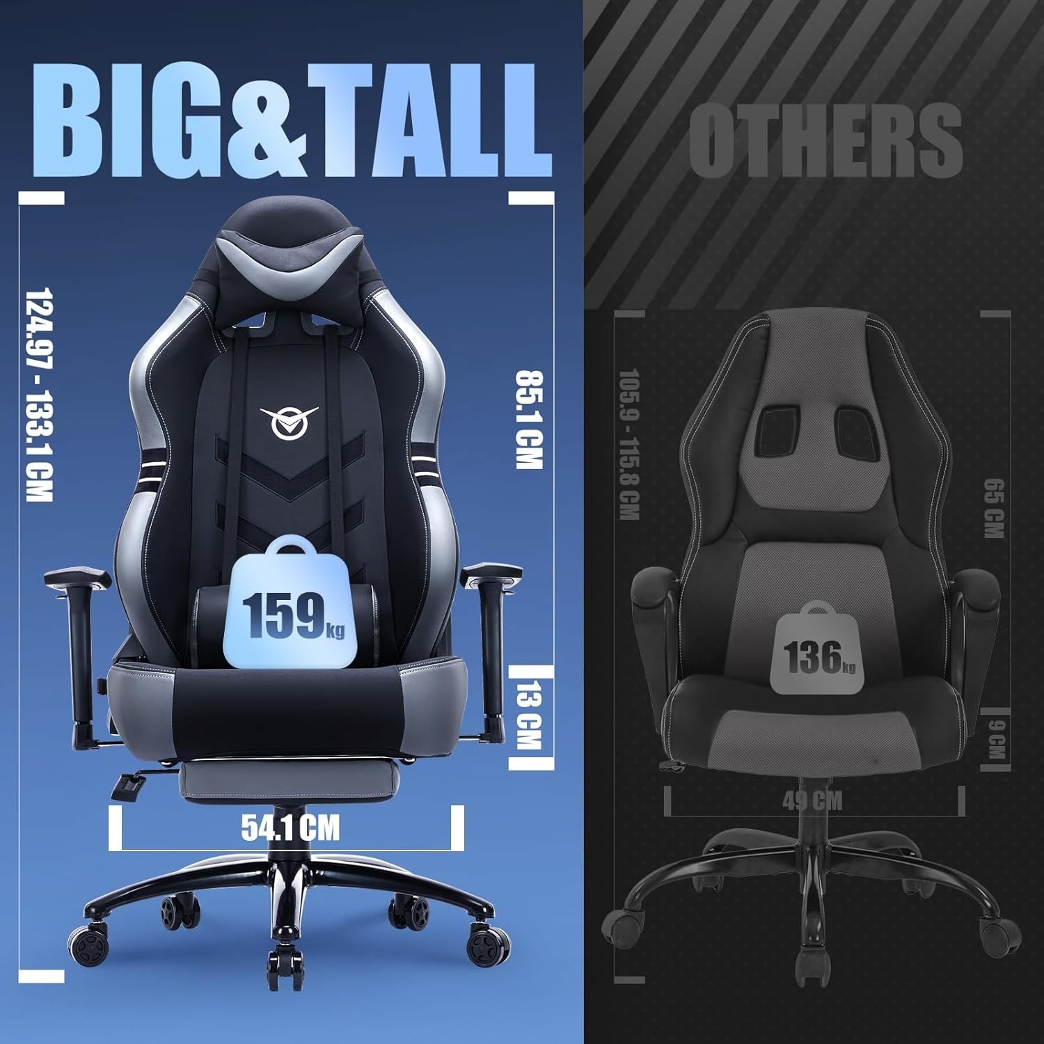Big & Tall Gaming Chair 350lbs Reclining Ergonomic Office Seat Grey