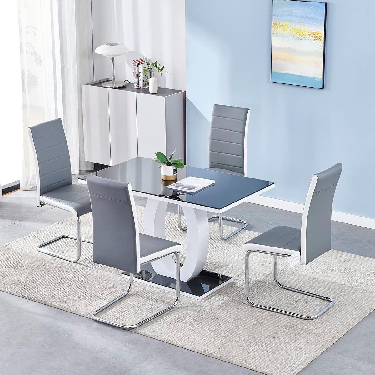 120cm Gloss Dining Table & 4 Grey White Chairs | Chrome Kitchen Set