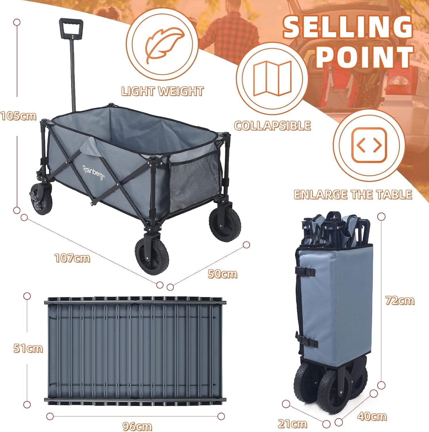 Grey Folding Camping Wagon 120kg Trolley w/ Table Top, Adjustable Handle & Bag