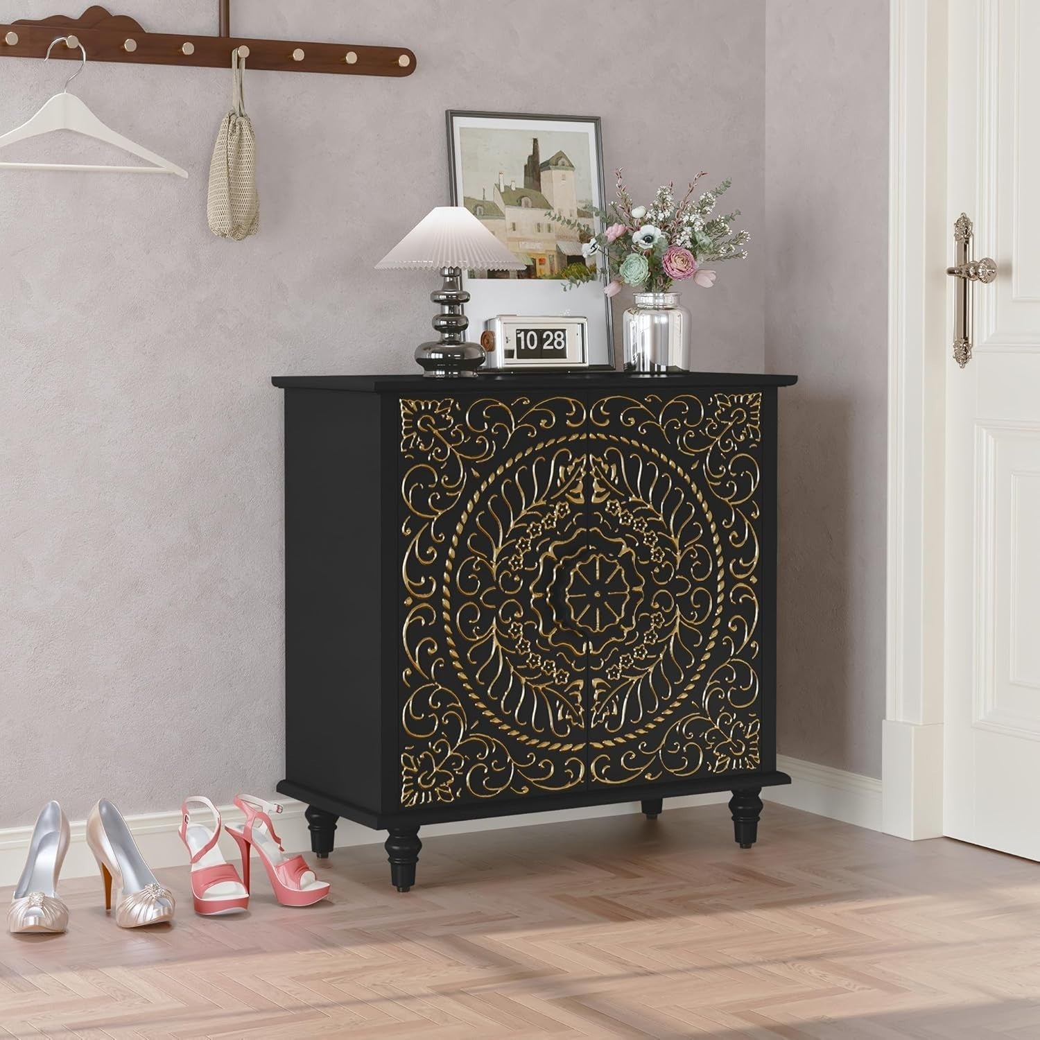 Black Carved Wood Sideboard Cabinet 2 Door Boho Vintage Storage Unit