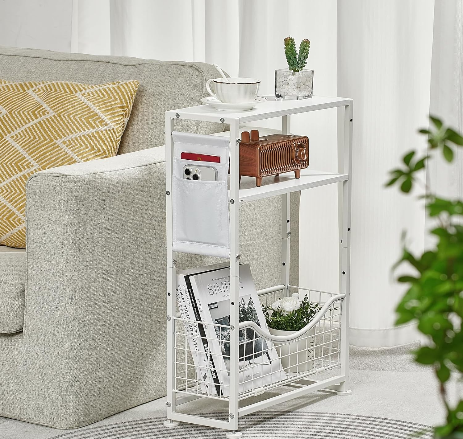 White 3-Tier Narrow Side Table 30x30x50 cm | Slim End Table w/ Storage