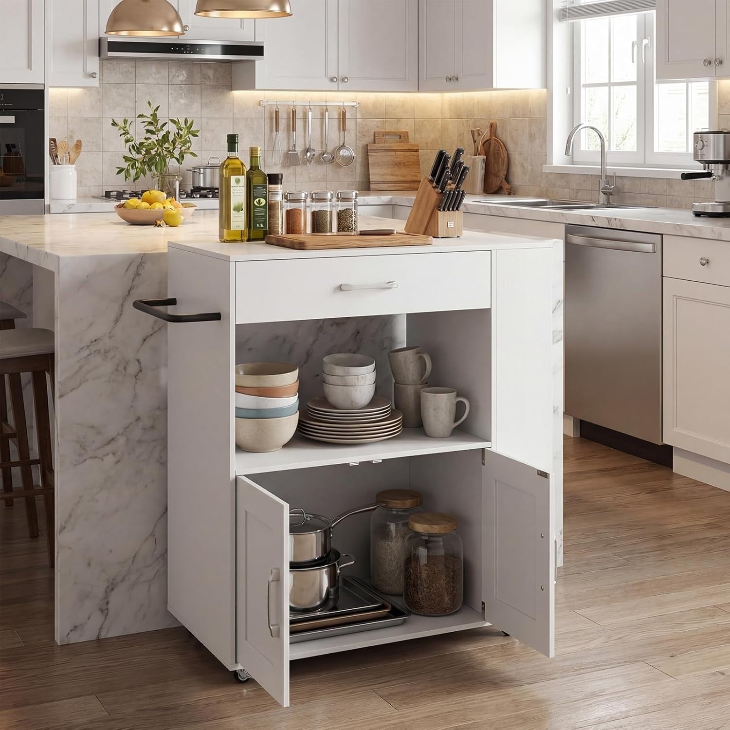 White Kitchen Island Trolley Cabinet with Spice Rack