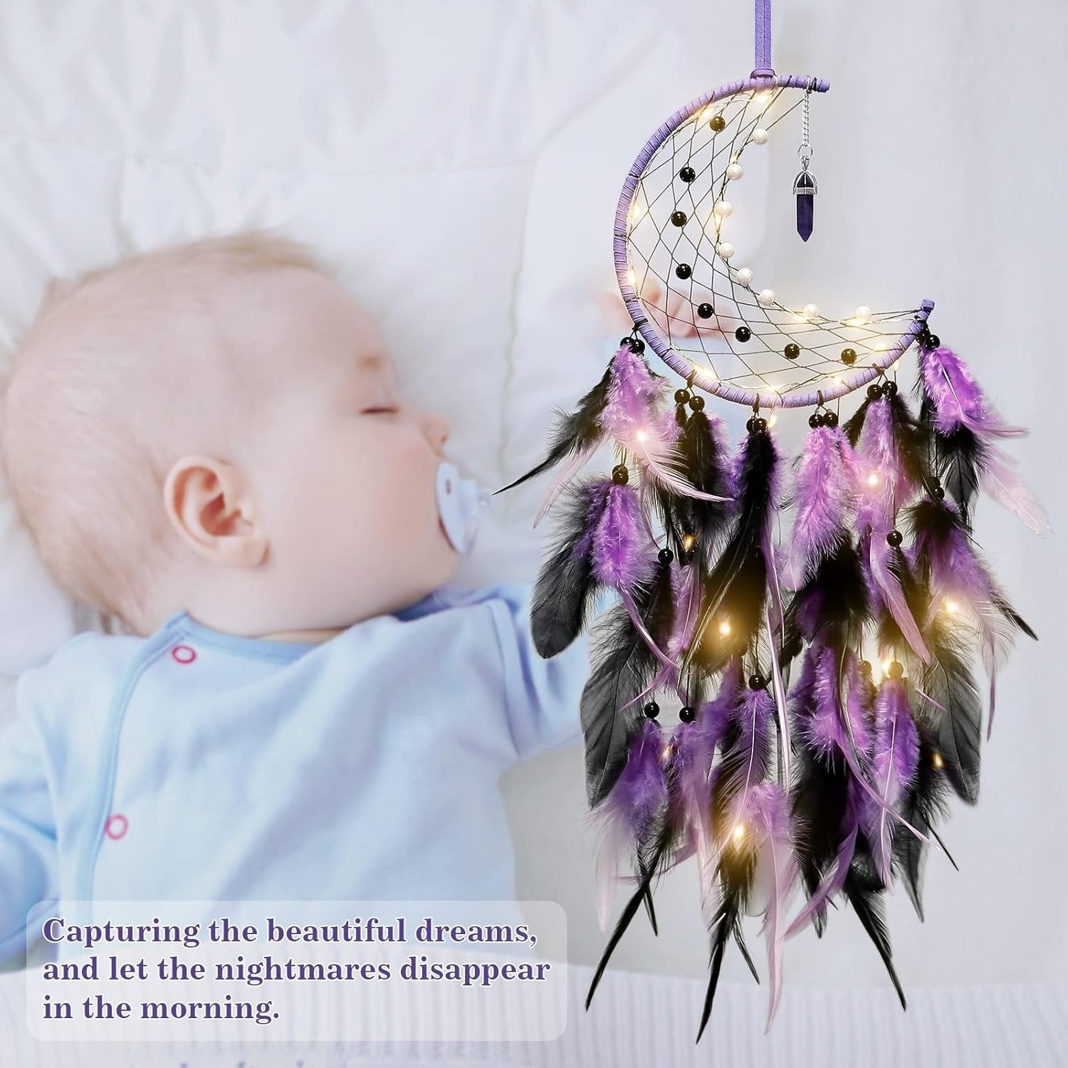 Boho Moon Dream Catcher Purple Black Feathers Fairy Lights Wall Decor