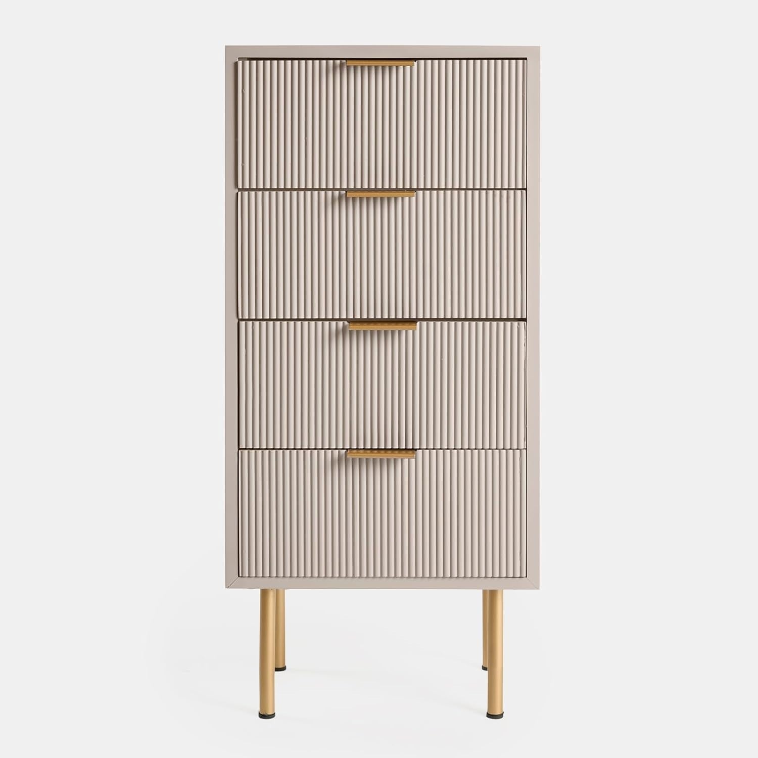 Modern Beige 4 Drawer Bedside Table | Tall Ribbed Nightstand with Gold Legs