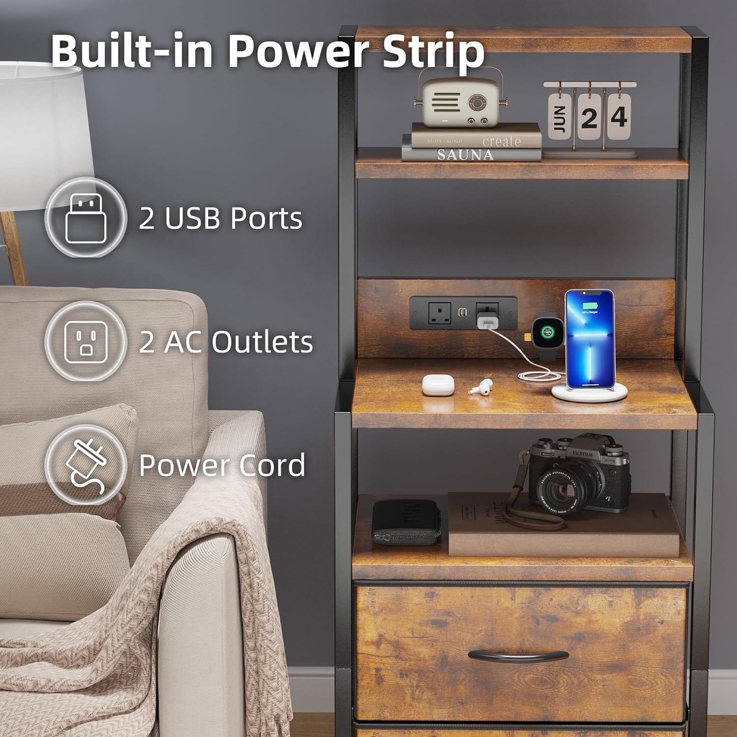 Rustic Bedside Table with Charging Station LED Light & Drawer Storage 100cm