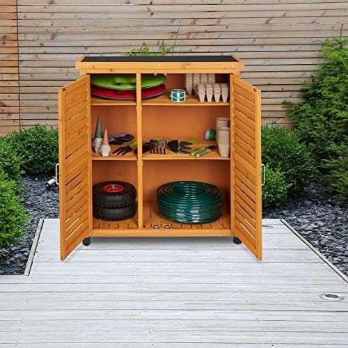 Wooden Outdoor Storage Cabinet with Shelves & Slanted Roof Garden Tool Shed 97cm