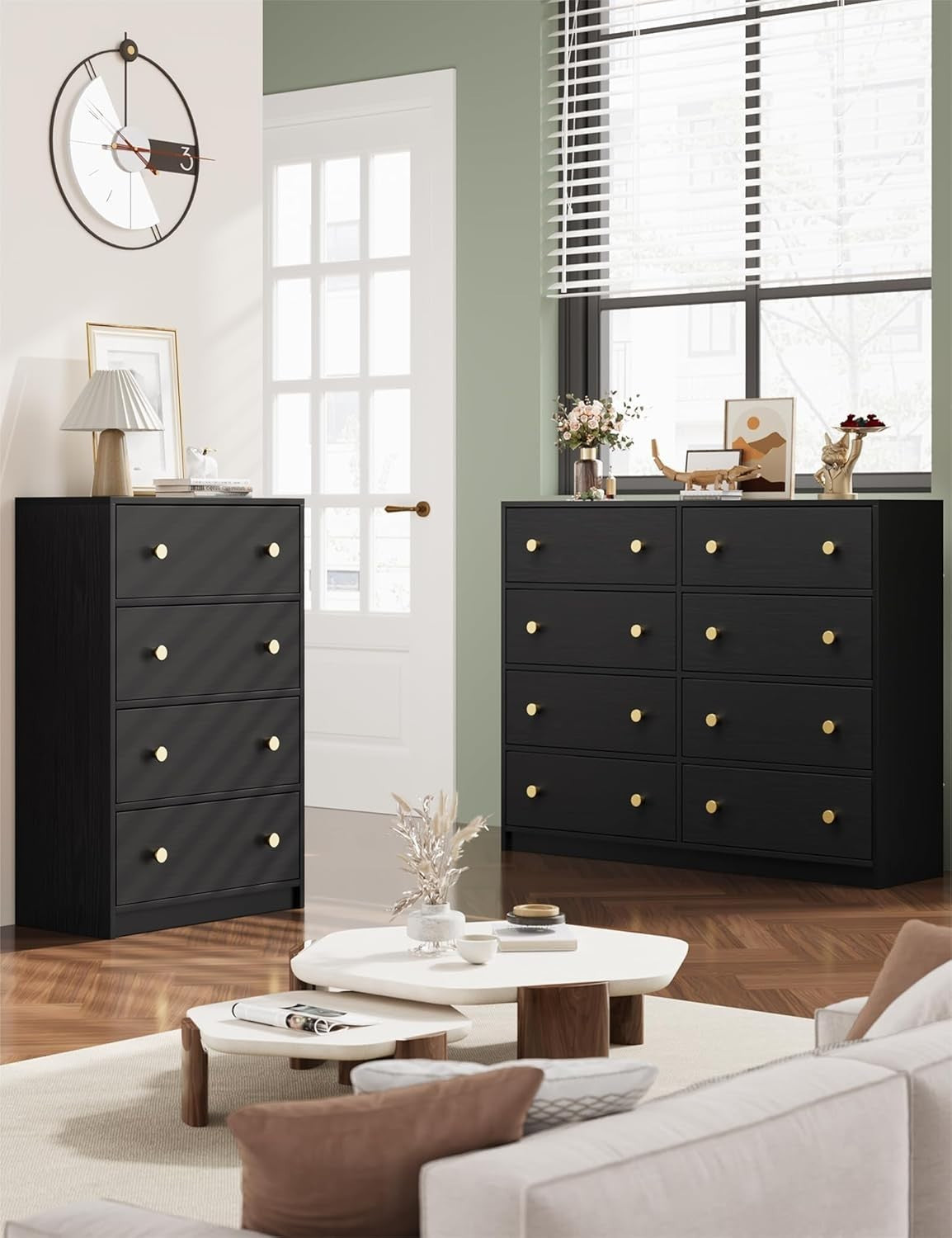8 Drawer Black Chest Gold Handles Modern Storage Unit Bedroom Hallway