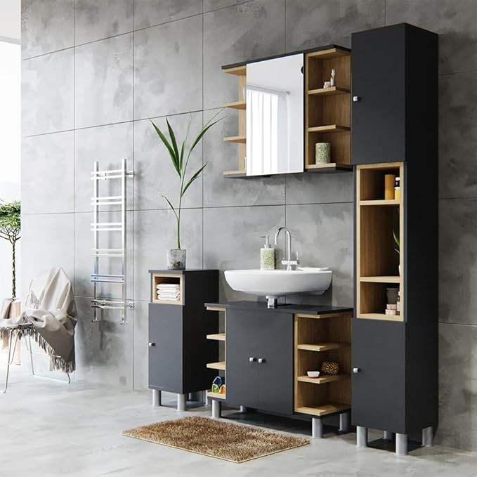 Anthracite Bathroom Sink Cabinet 79x64x32cm Oak Storage Unit with Shelves