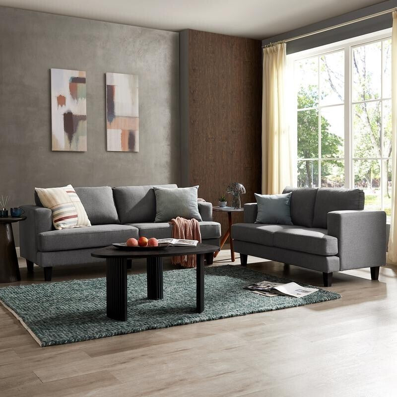 3 Seater Sofa Dark Grey Linen Fabric | Foam Cushions & Square Arm Design