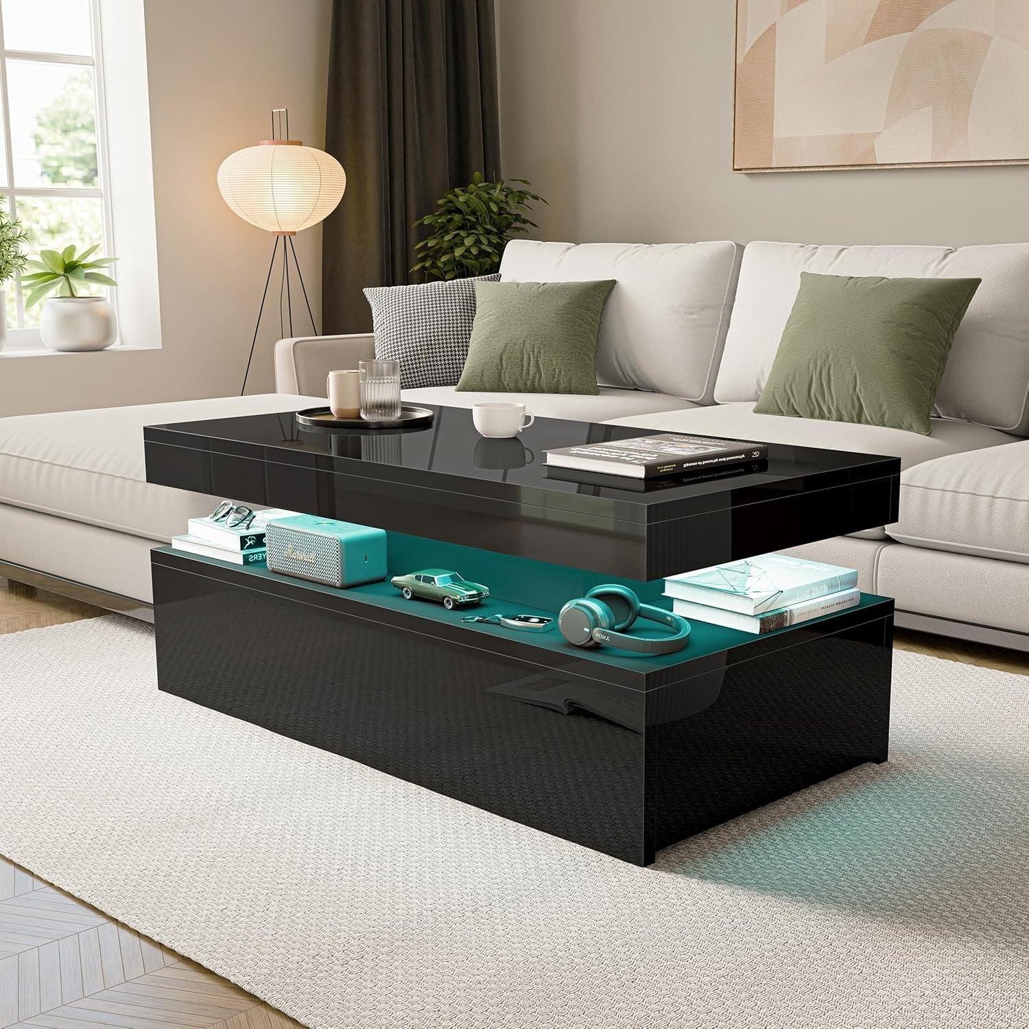 High Gloss Rectangle Coffee Table with 2 Drawers & RGB LED Lights 94x47x38cm