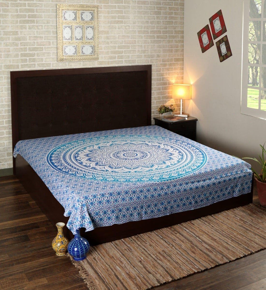 Blue Ombre Mandala Cotton Tapestry 213x230cm Boho Wall Decor