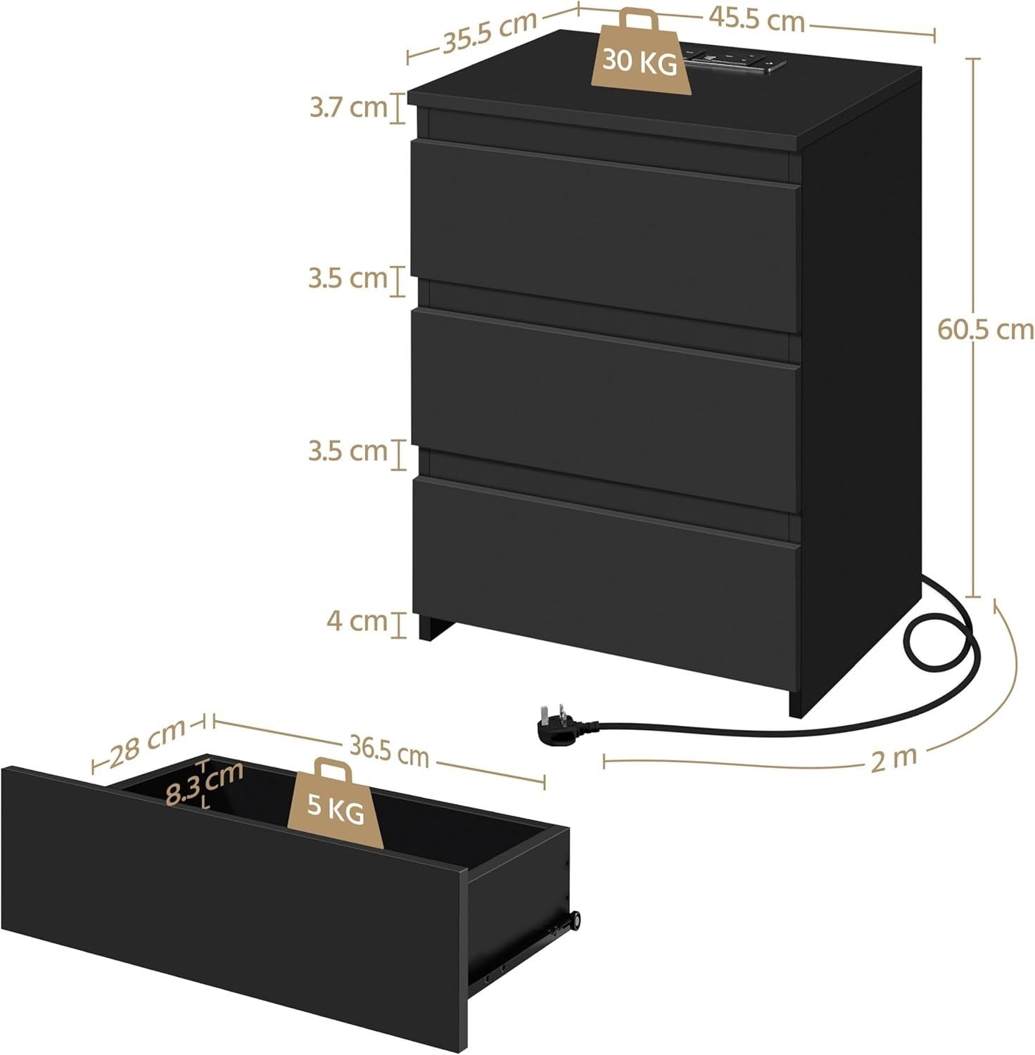 Set of 2 Black Bedside Tables with USB Charging Ports | Modern 3 Drawer