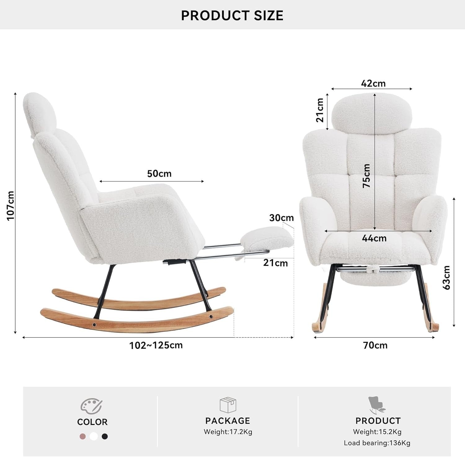 Ivory Rocking Recliner Chair w/ Footrest, Headrest – Cozy Teddy Armchair 125cm