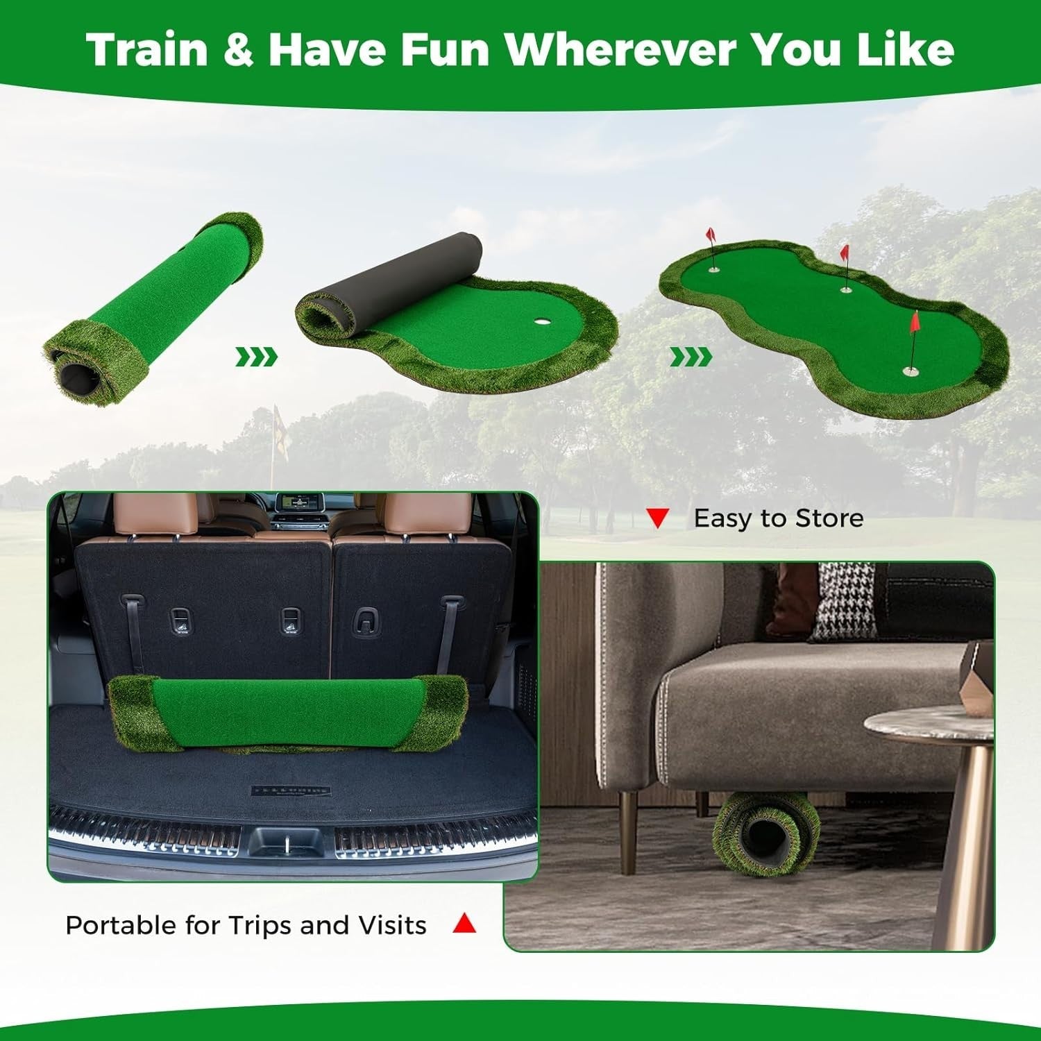 10FT Golf Putting Green Mat Indoor Outdoor Practice w/ 3 Holes & Balls
