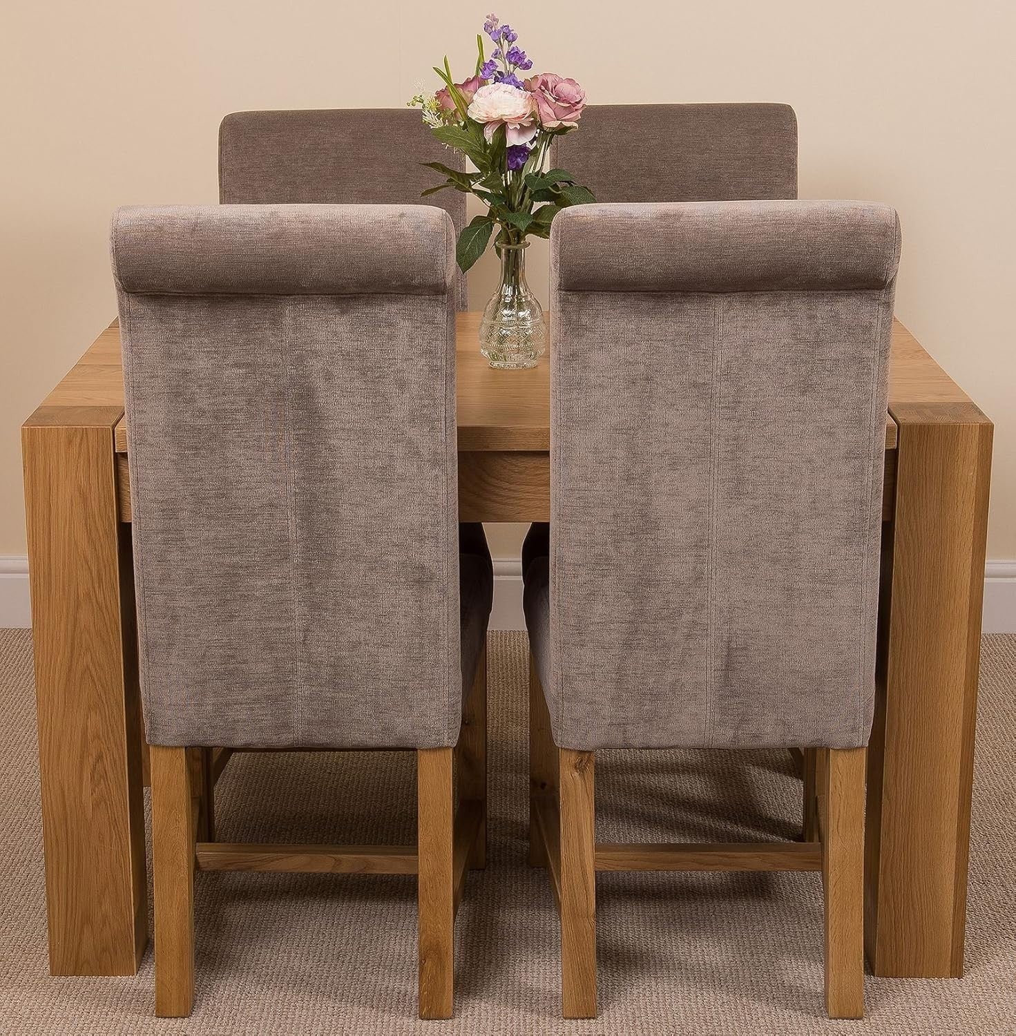 Solid Oak 4-Seater Dining Table Set with Grey Upholstered Chairs, 125x80cm