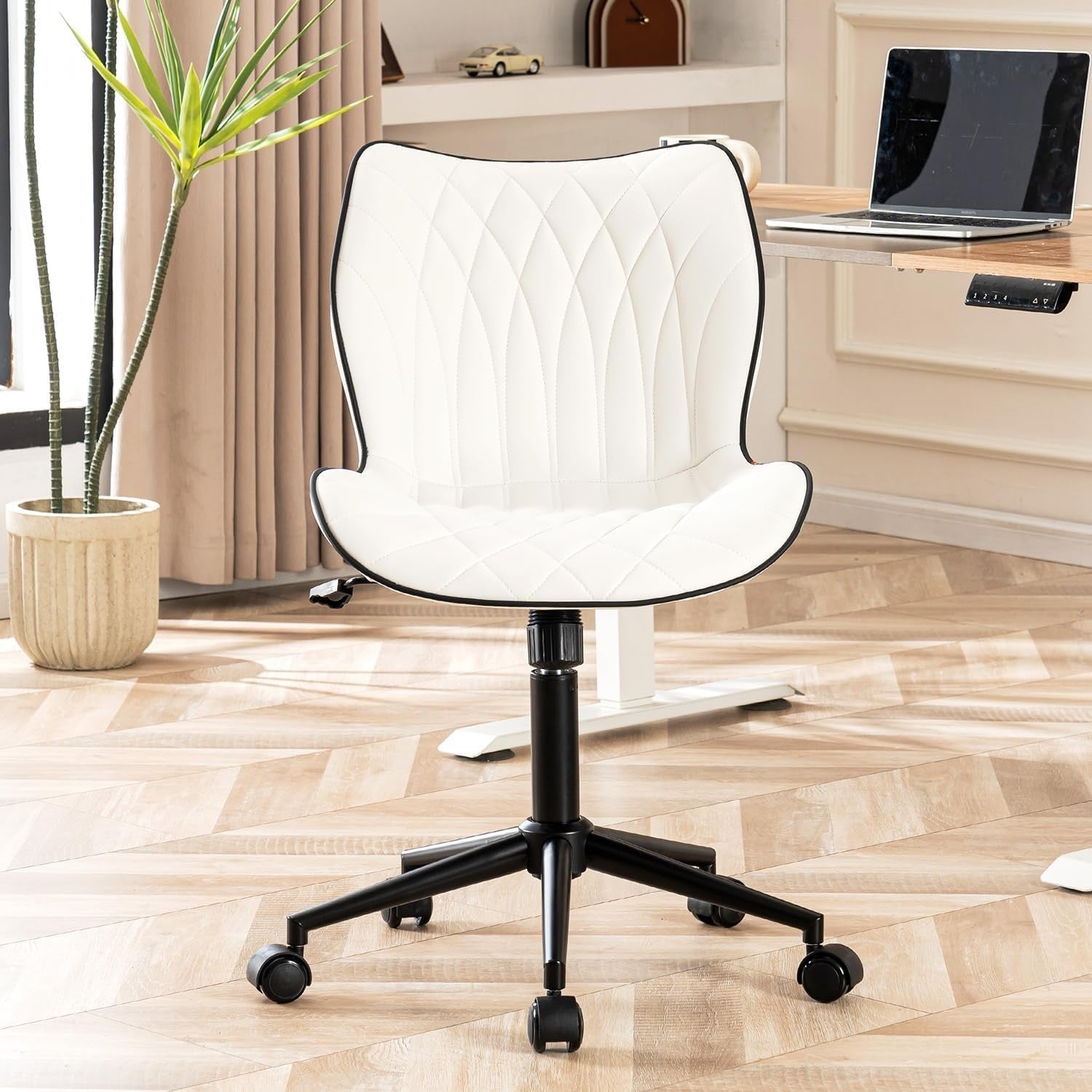 White Faux Leather Swivel Desk Chair Ergonomic Home Office Vanity Rocking Armles
