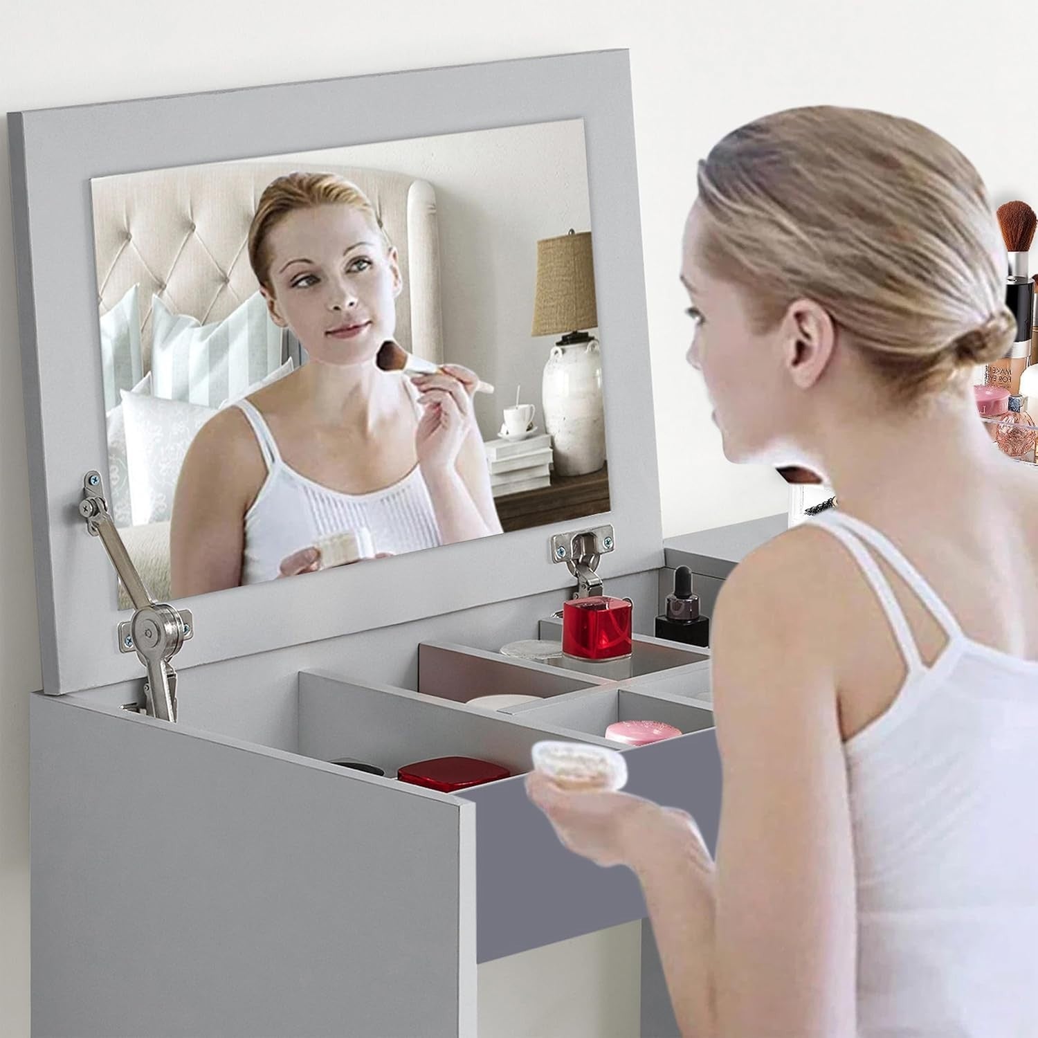 Dressing Table Vanity Desk w/Flip Mirror Storage Drawer & Stool Light Grey MDF