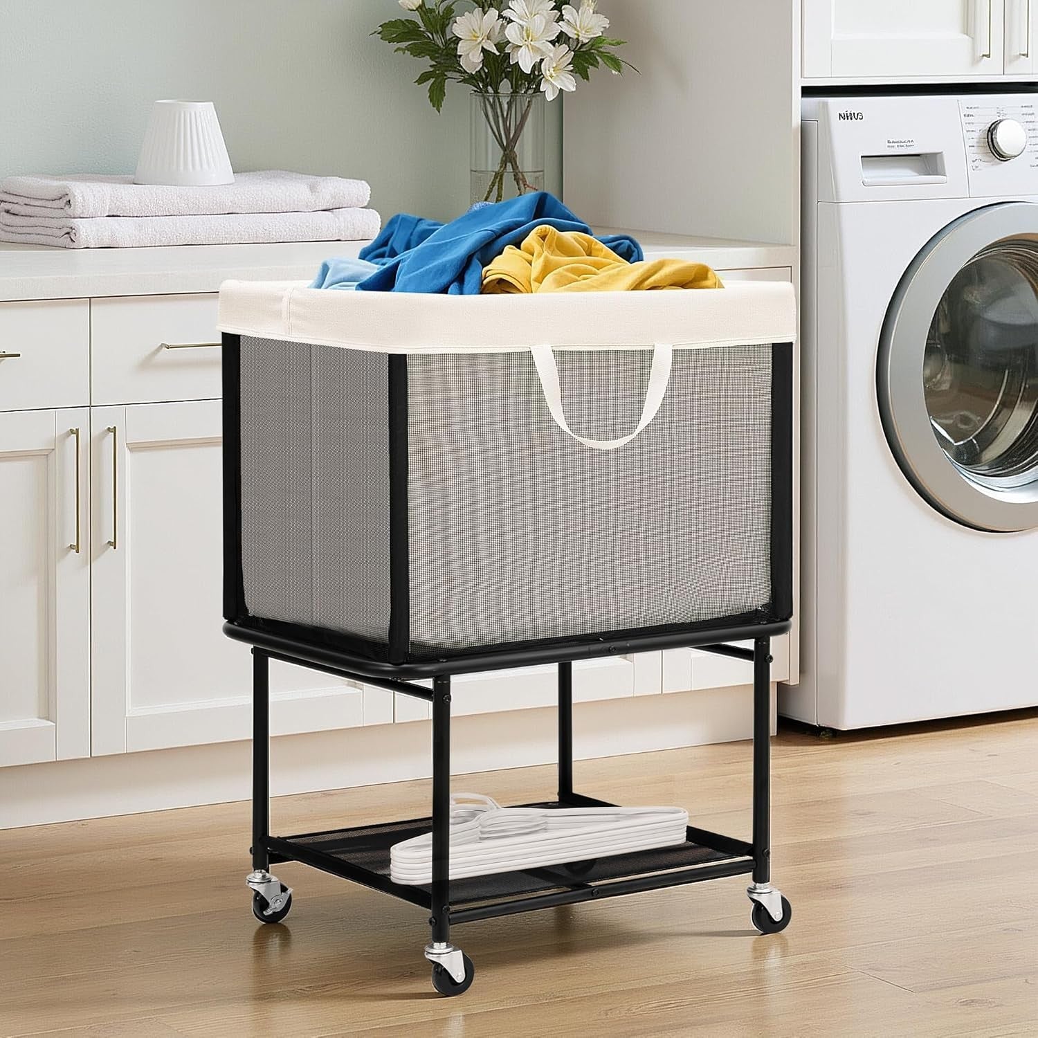 110L Rolling Laundry Hamper with Wheels Large 2-Tier Basket Removable Bag