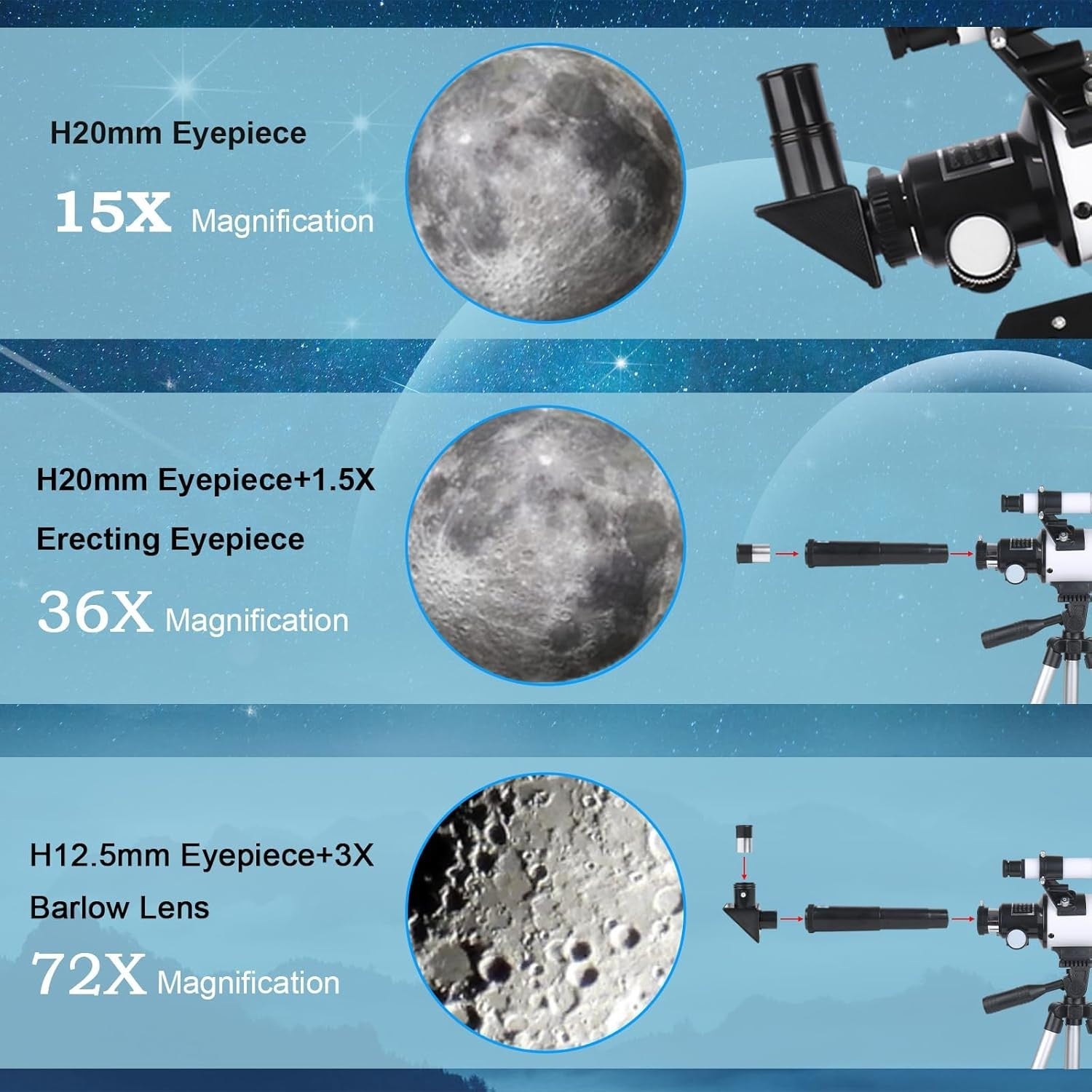 70mm Refractor Telescope 300mm for Kids & Adults, White with Tripod