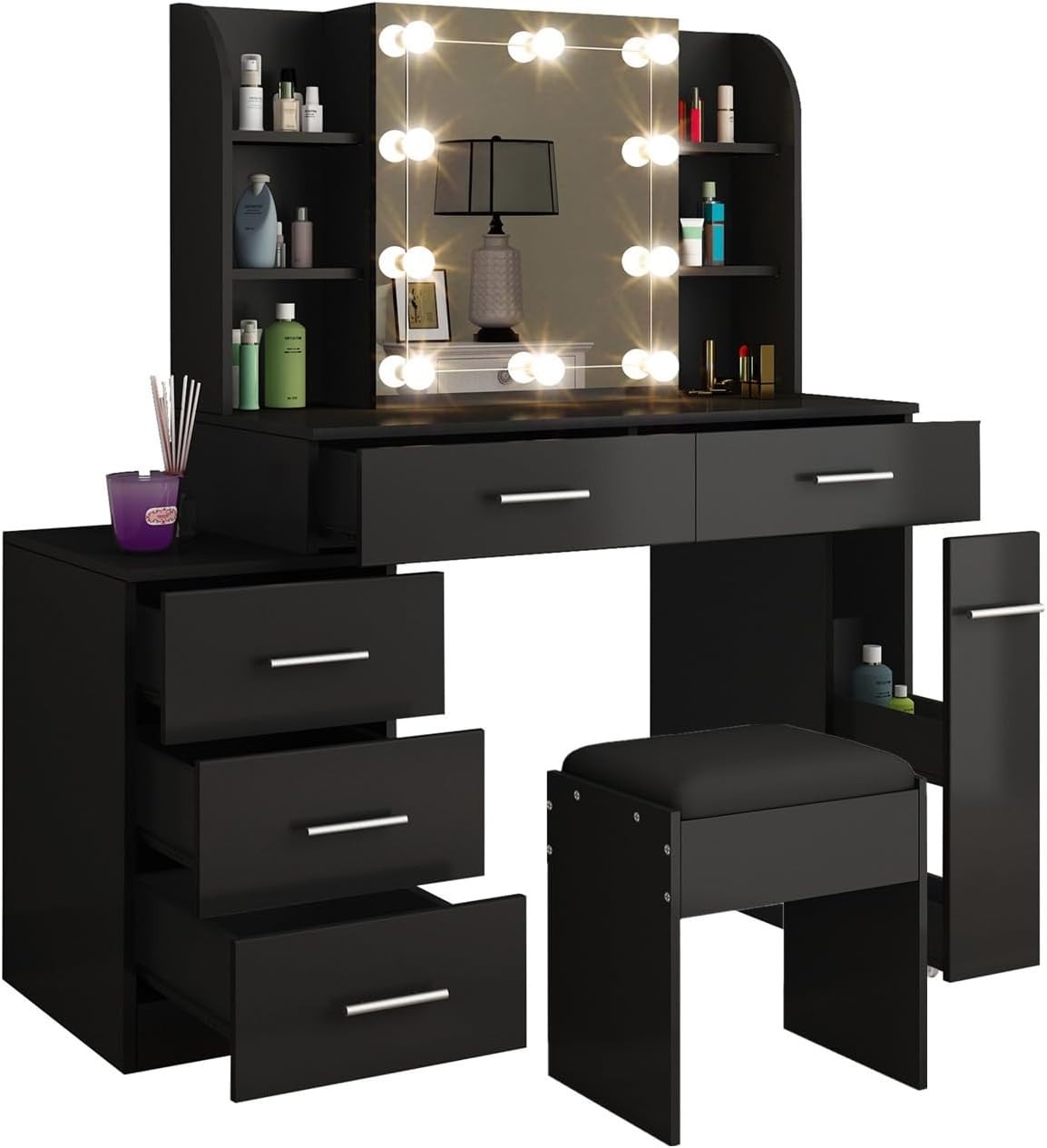 Black Vanity Dressing Table Set w/ Lights Mirror 12 Storage Drawers Modern