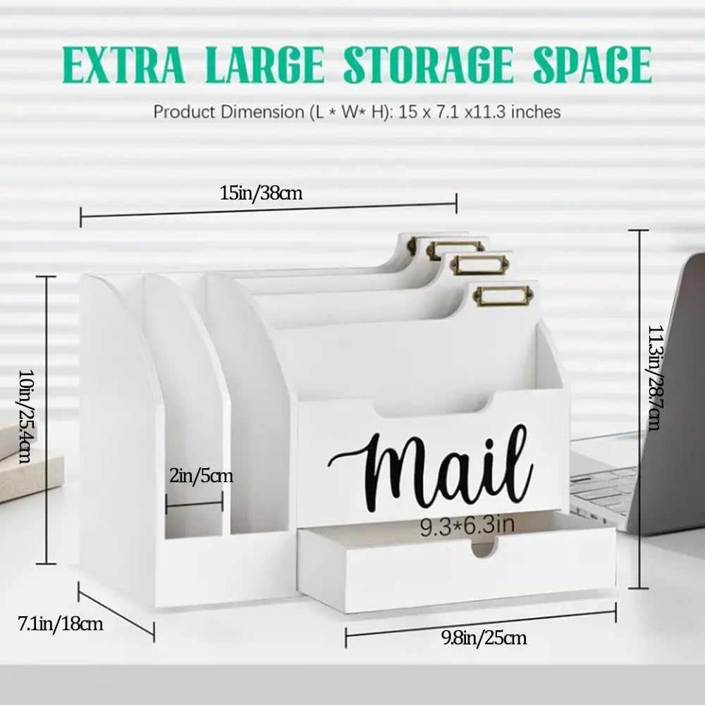 Wood Desktop Mail Organizer with 6 Compartments & Drawer – Desk Storage