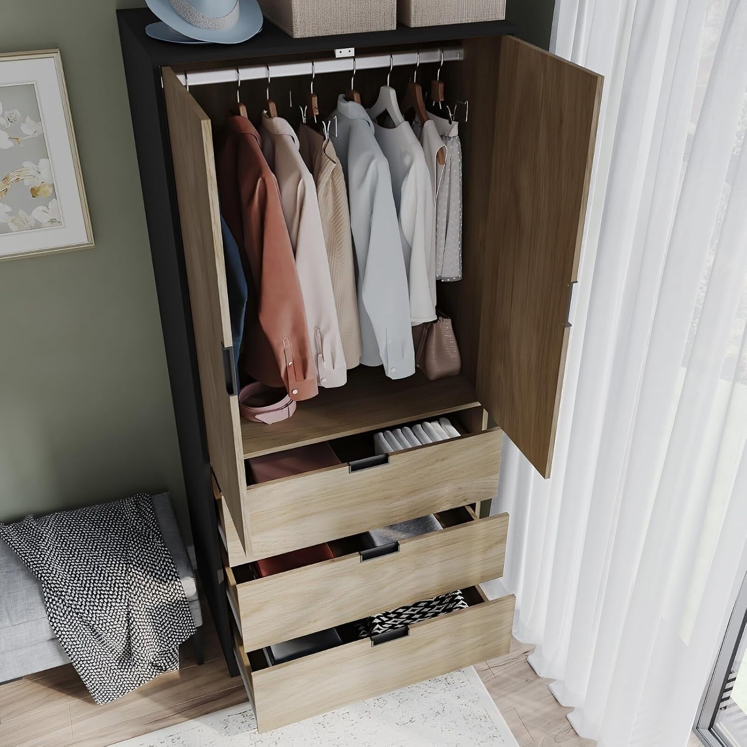 Modern 2 Door Wardrobe Oak Effect with 3 Drawers Hanging Rail 180cm