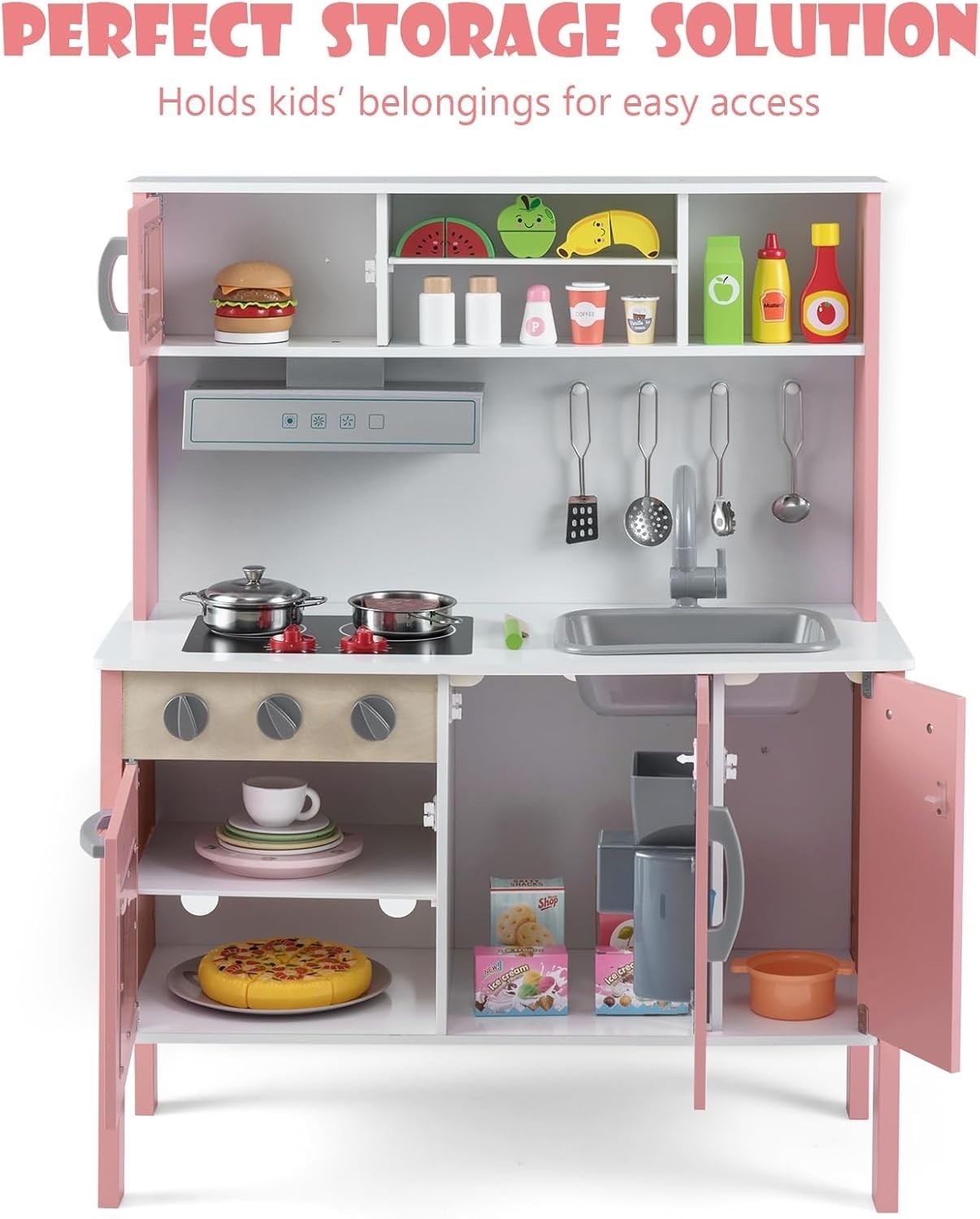 Wooden Kids Play Kitchen Pink Ice Maker Cooking Toy Accessories