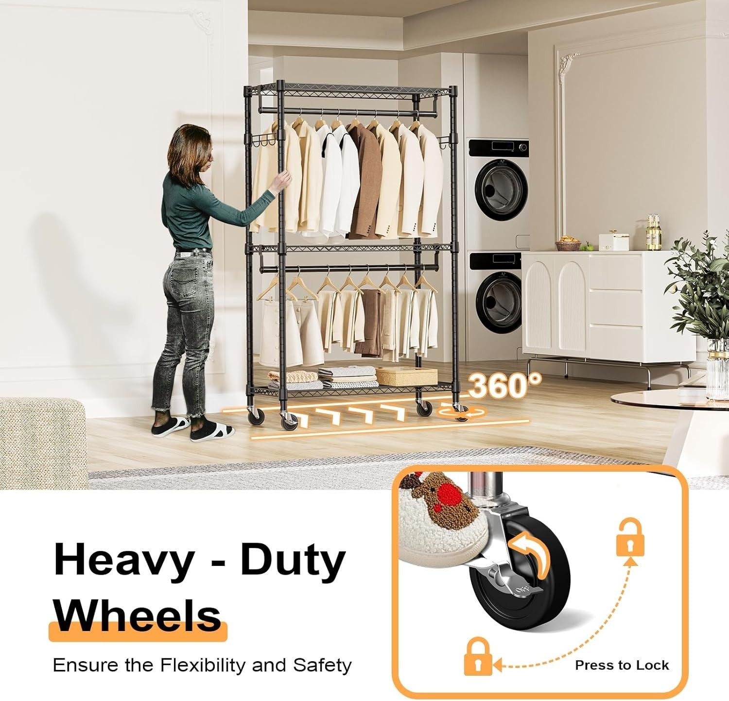 Heavy Duty Black Garment Rack – 3 Tier, 2 Rods, 189cm with Wheels