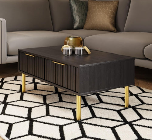 Modern Black Coffee Table with Storage – Wood Display Shelf, 88CM Wide