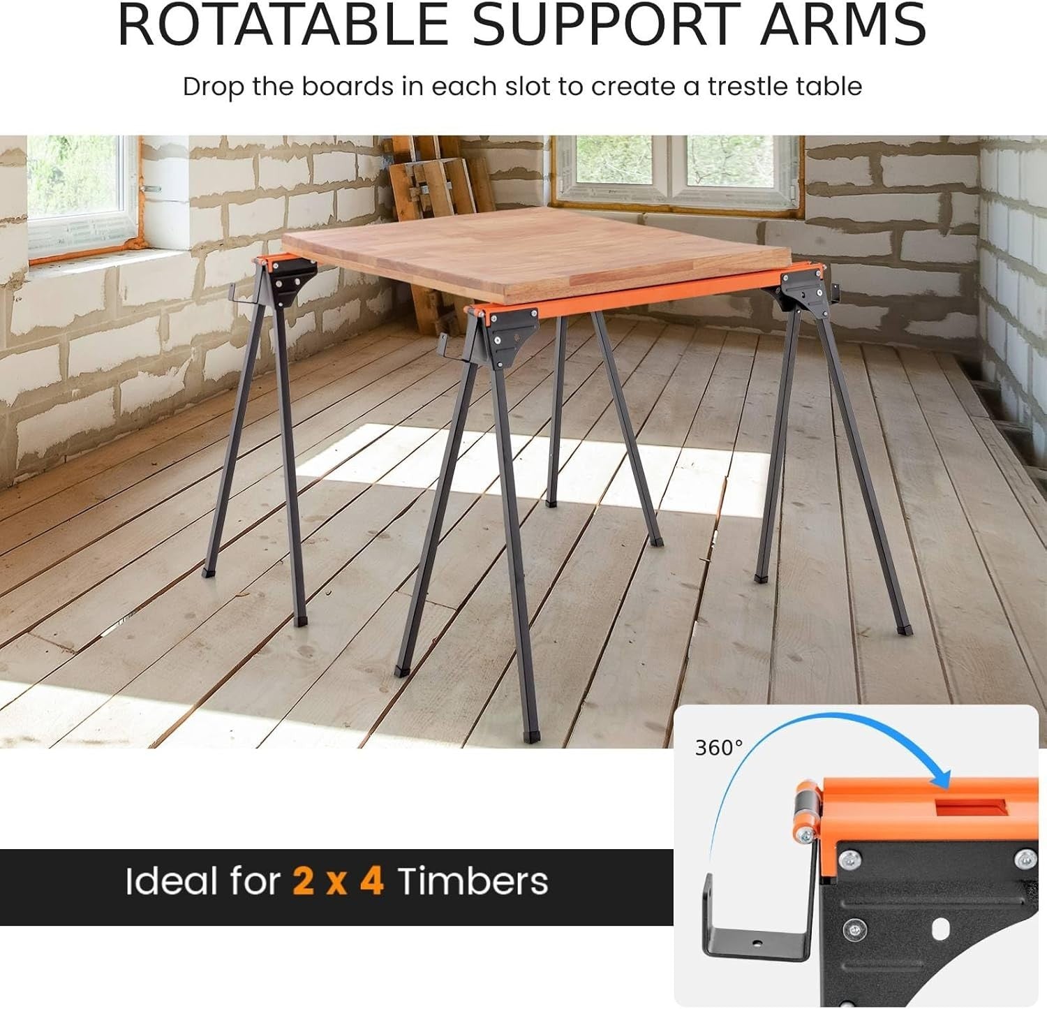 2x Folding Sawhorses 1000kg Heavy Duty Work Trestle with Support Arms