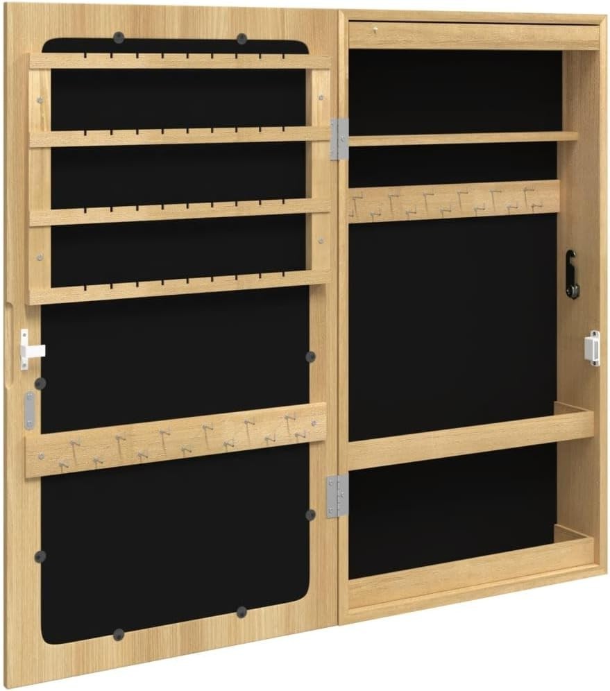 LED Wall Mounted Jewelry Cabinet Frameless Mirror Lockable Organizer Brown