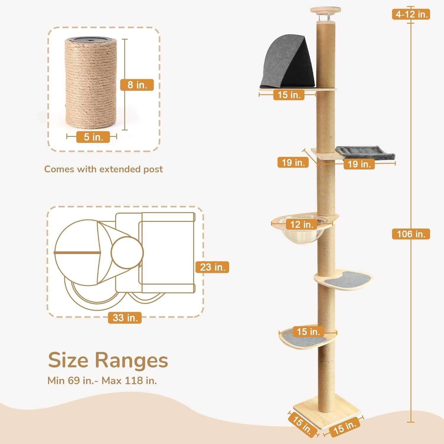 Floor to Ceiling Cat Tree Tower 6 Level Adjustable Scratching Post Capsule Bed