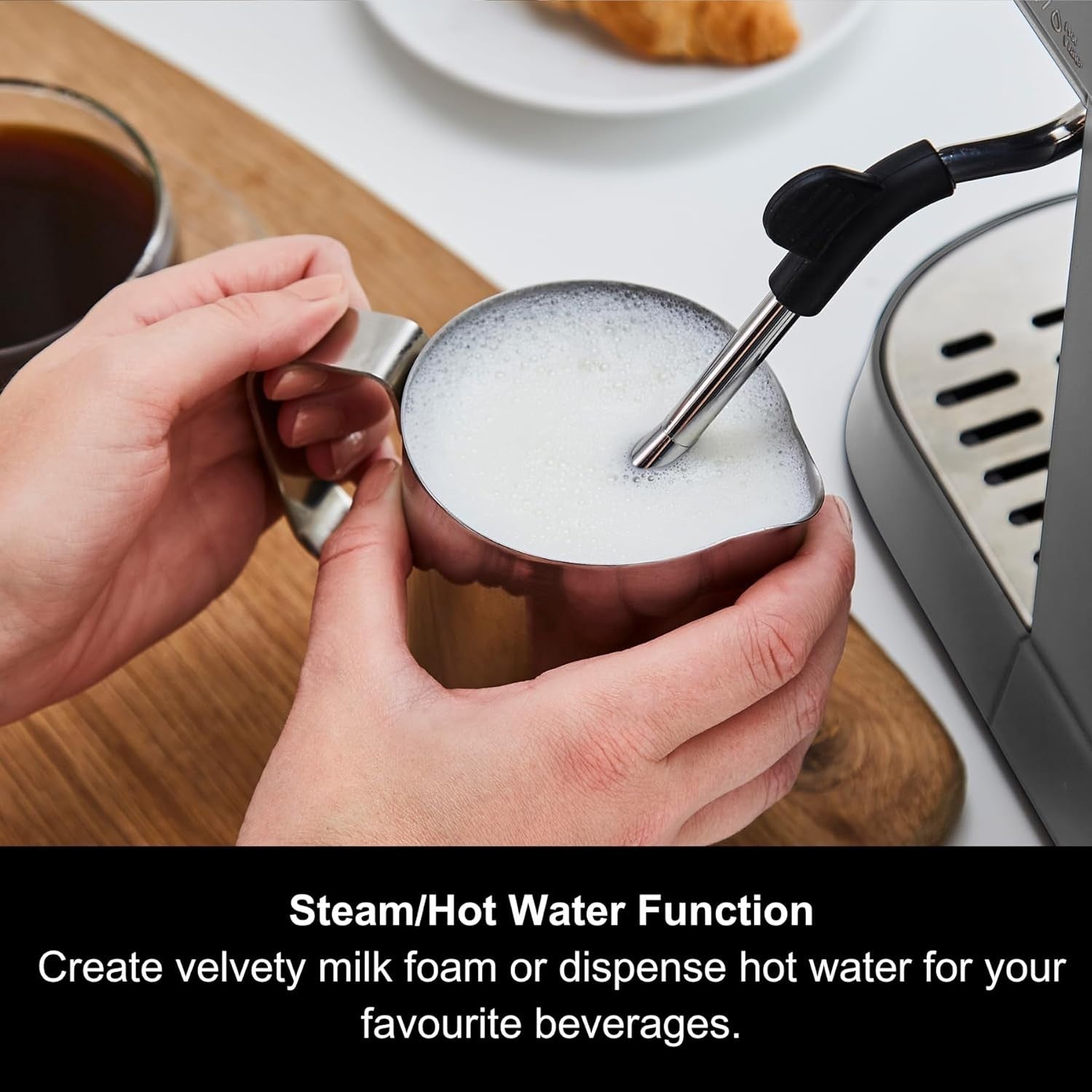 Compact Espresso Machine 15 Bar Pump, Dual Cup, Milk Frother, 1L Tank, Grey