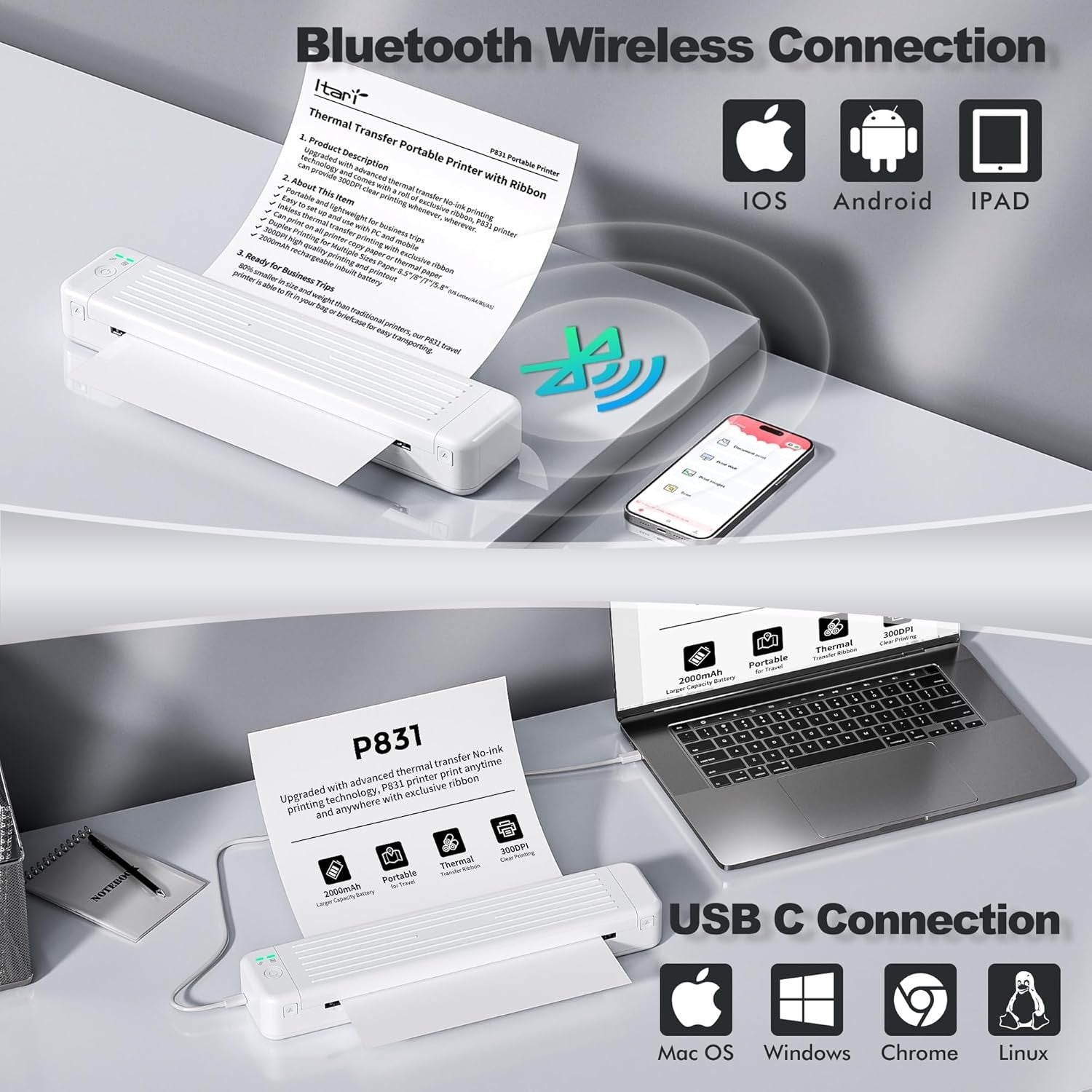 A4 Wireless Portable Printer 300DPI Thermal Black