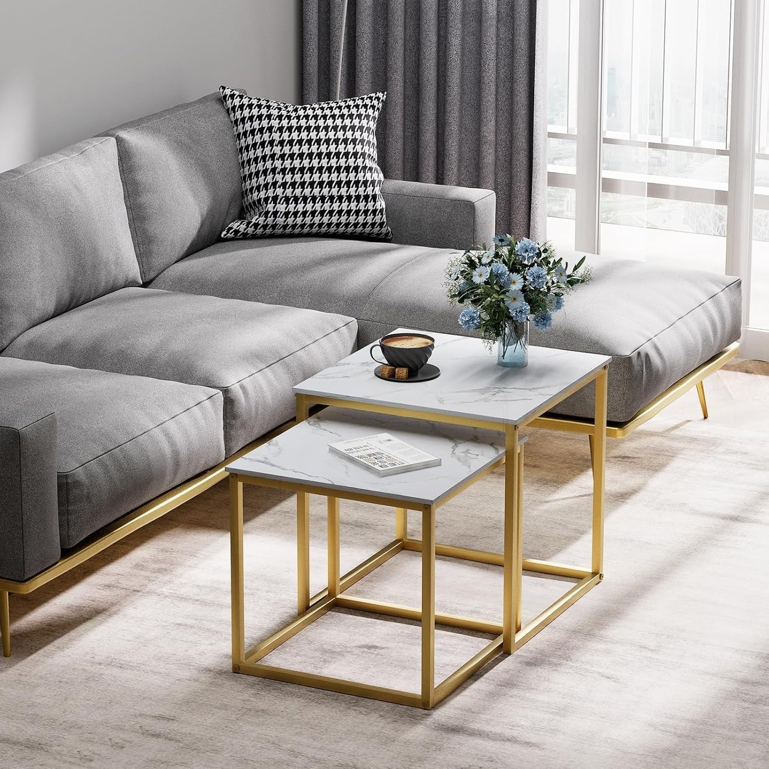 Nesting Side Coffee Tables Set 2 Square Wood Metal Frame Living Room Bedroom