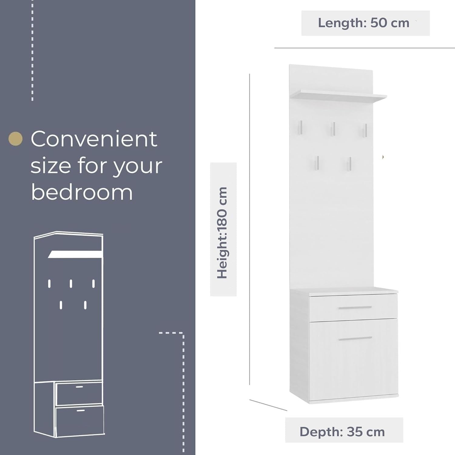 Slim White Entryway Wardrobe with Hanging Rail & Shelves | 180cm Tall