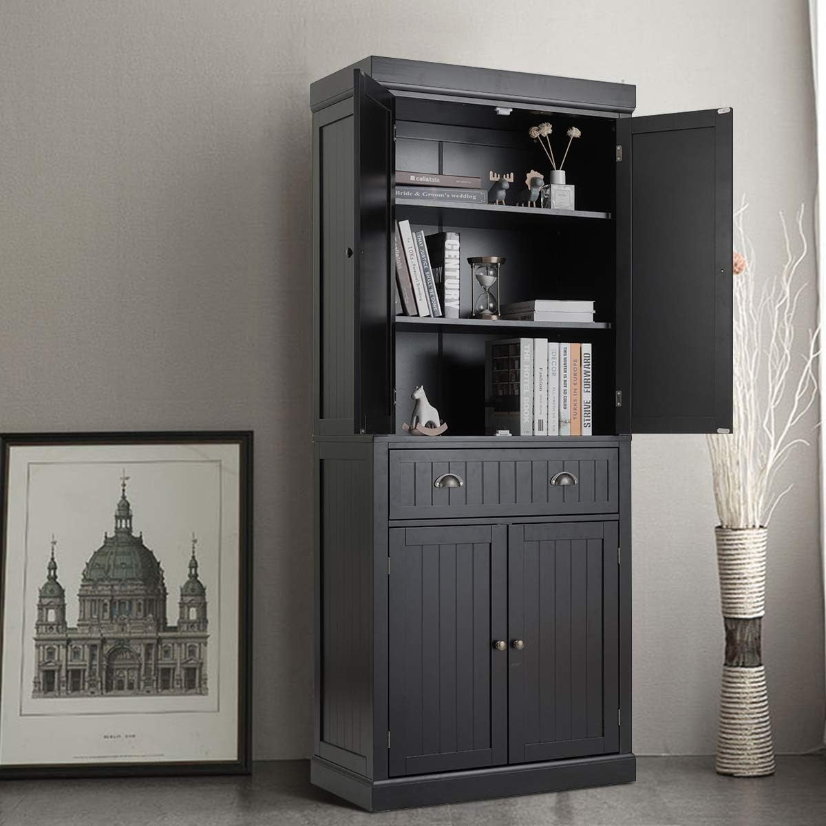 Tall Black Kitchen Cupboard 4 Door Storage Cabinet with Drawer & Shelves