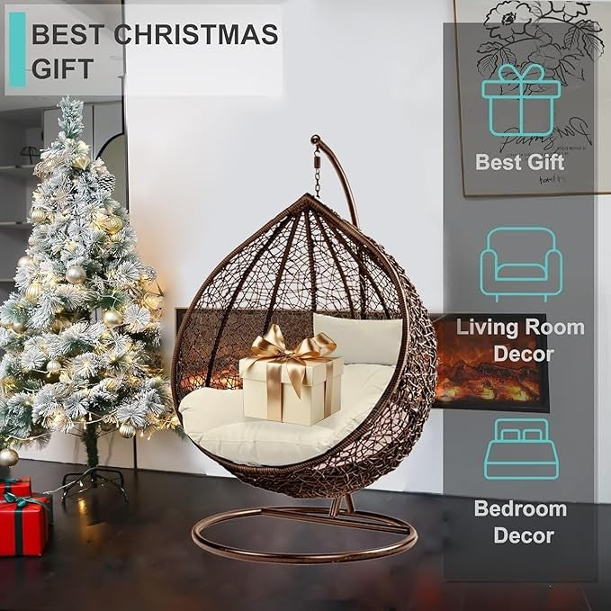 Outdoor Egg Chair Hanging Rattan Swing with Cushion & Steel Frame Garden Patio