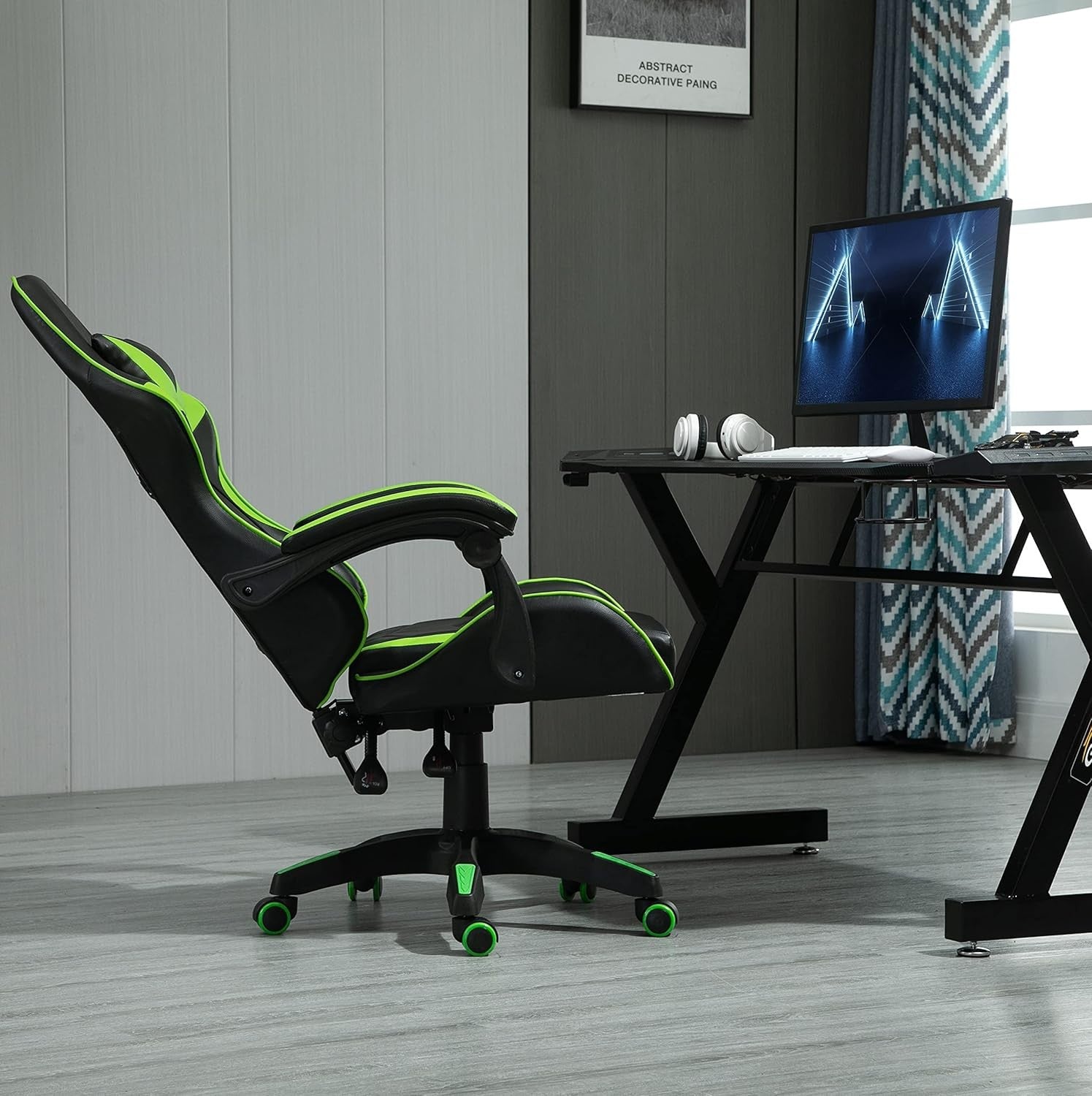 Reclining Gaming Chair Faux Leather w/ Lumbar Headrest Green