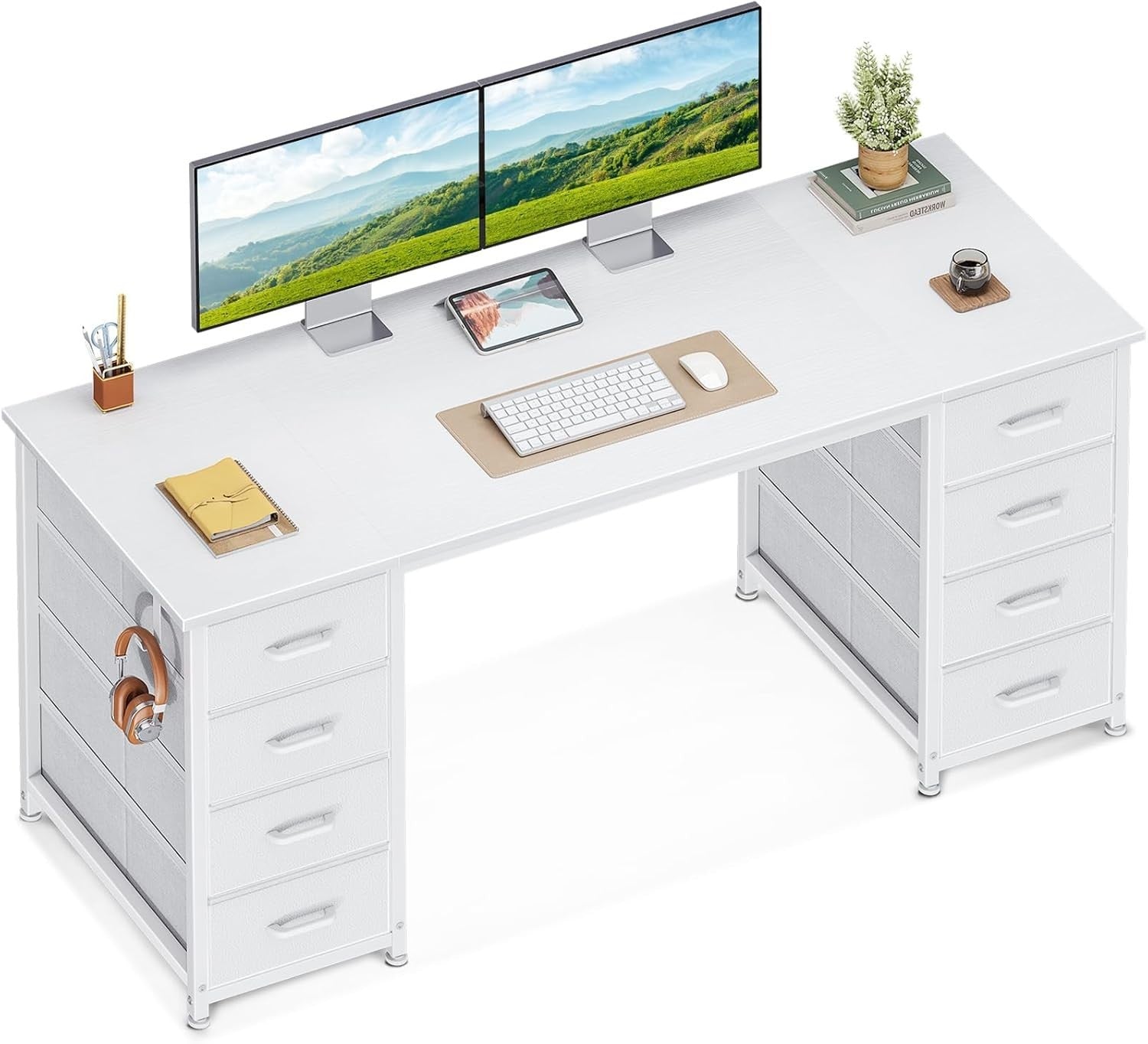 White 140x48cm Computer Desk with 8 Drawers, Modern Office & Study Table