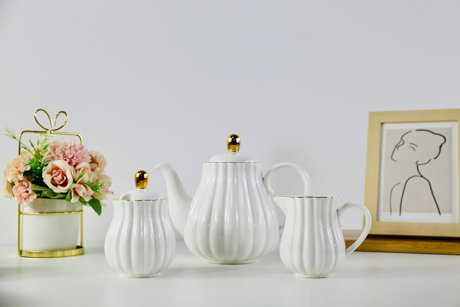 Porcelain Tea Set Teapot Milk Jug Sugar Bowl White Coffee Tea Set
