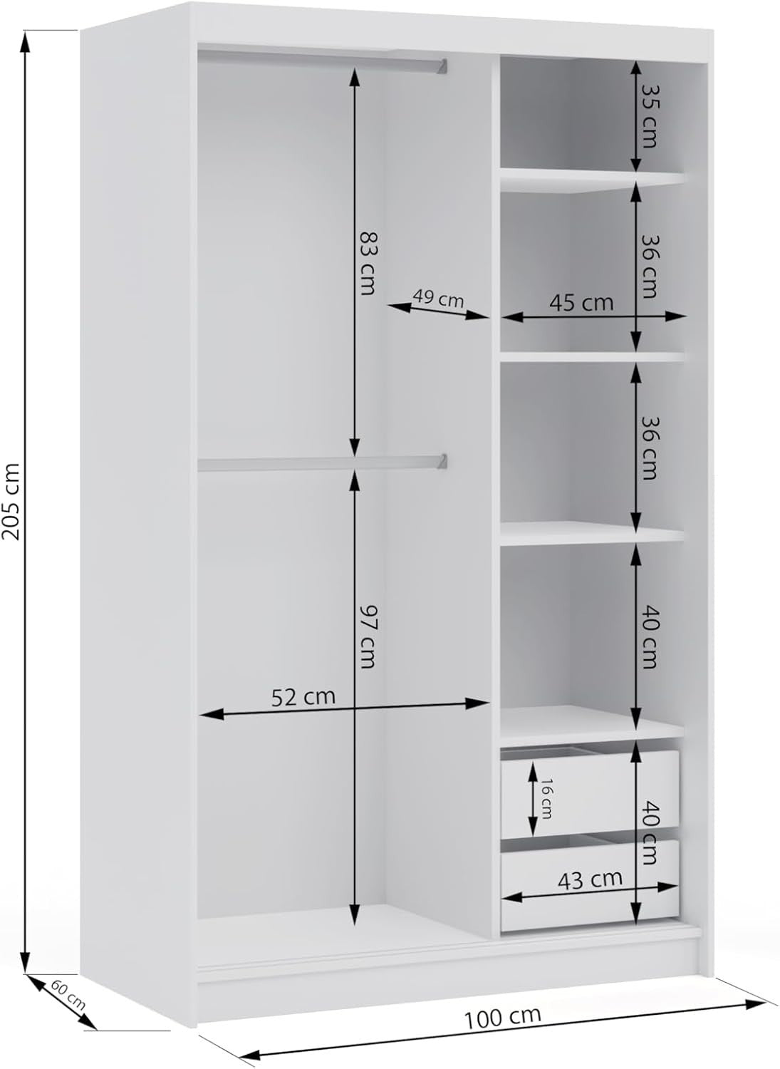 Modern Sliding Door Wardrobe with Mirror, 2-3 Doors, Adjustable Drawers