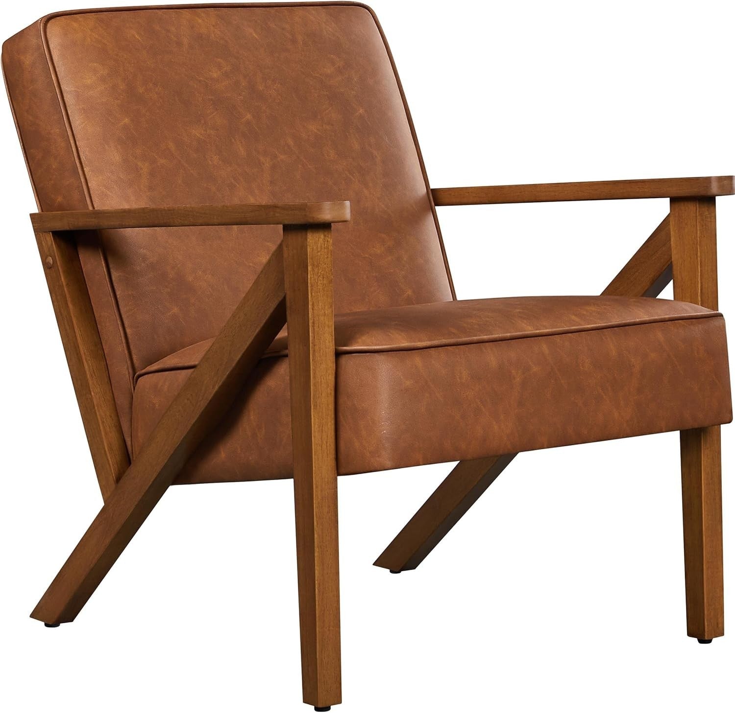 Modern PU Leather Armchair with Wooden Frame – Retro Lounge Sofa Chair Brown