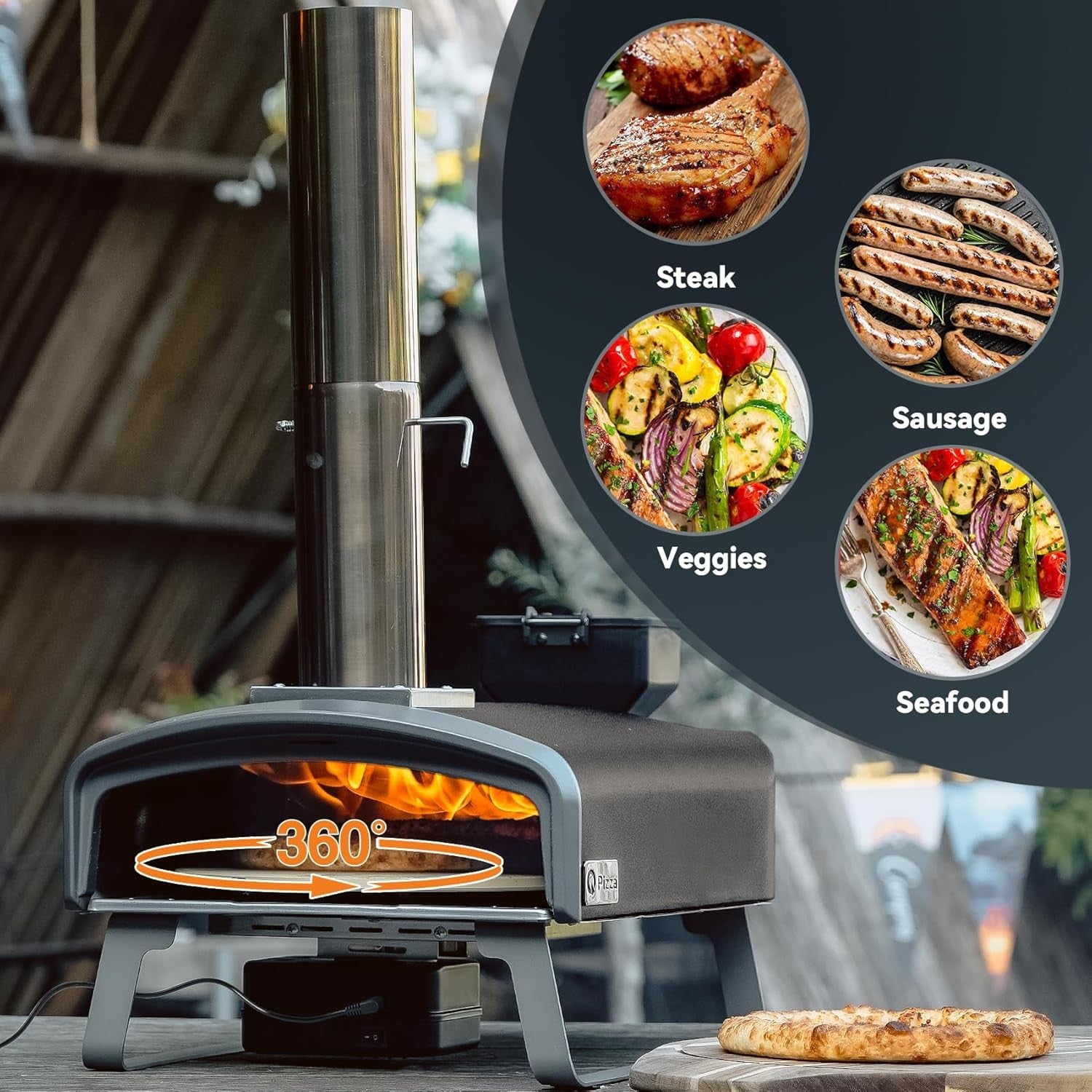 Outdoor Wood Pellet Pizza Oven | Rotating Stone & Thermometer BBQ Grill Garden