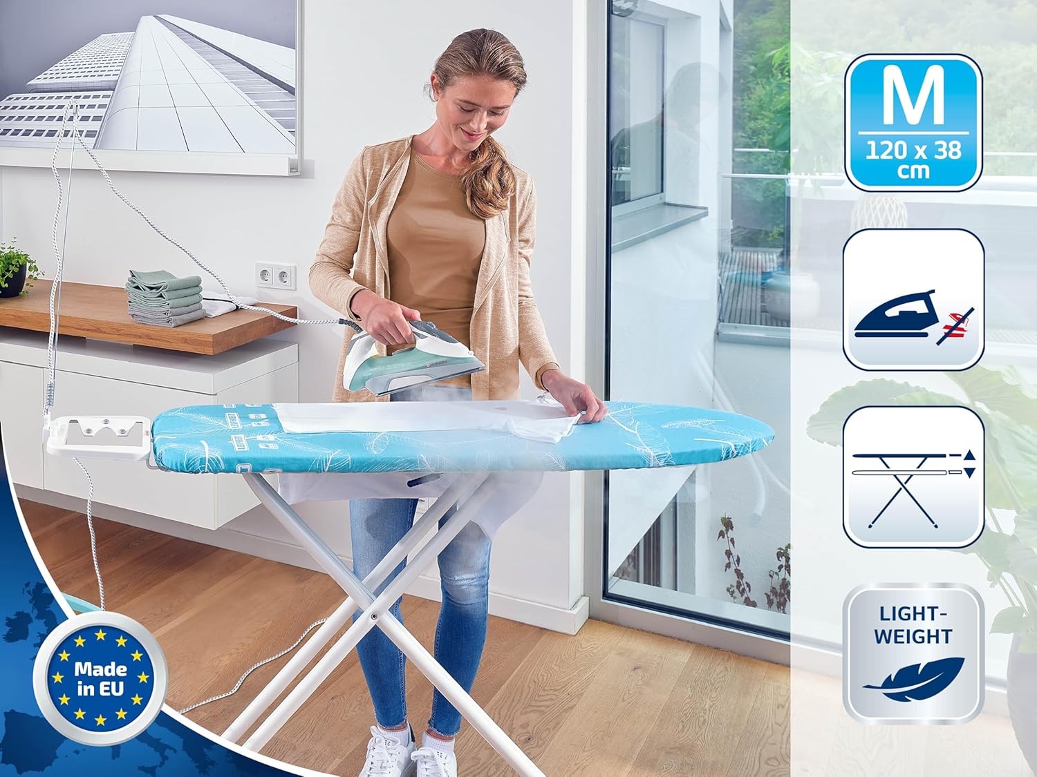 Compact Ironing Board 120x38cm Steam Fast Ironing Height Adjustable