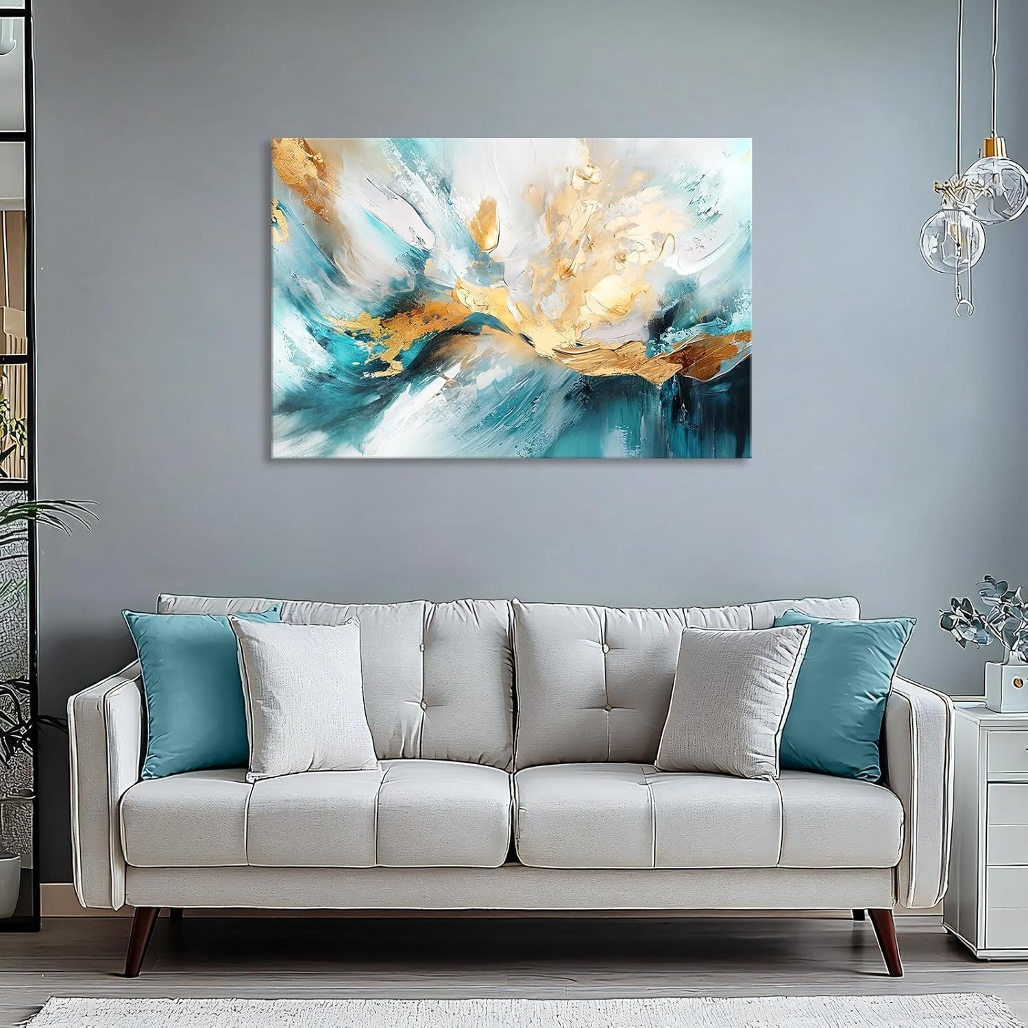 Large Abstract White Green Gold Canvas Wall Art 120x80 cm Framed