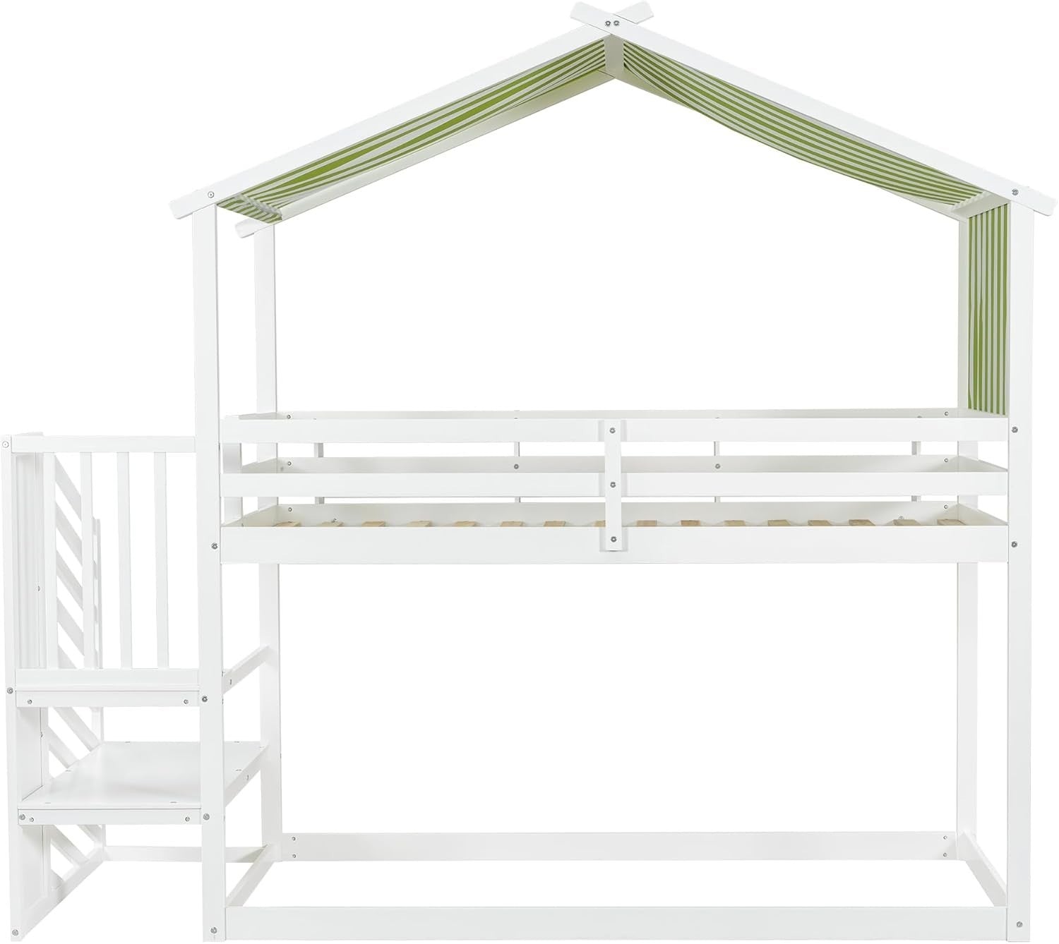 Kids Bunk Bed 3ft Single 90x190cm w/ Staircase Guardrail Bookshelf White Green