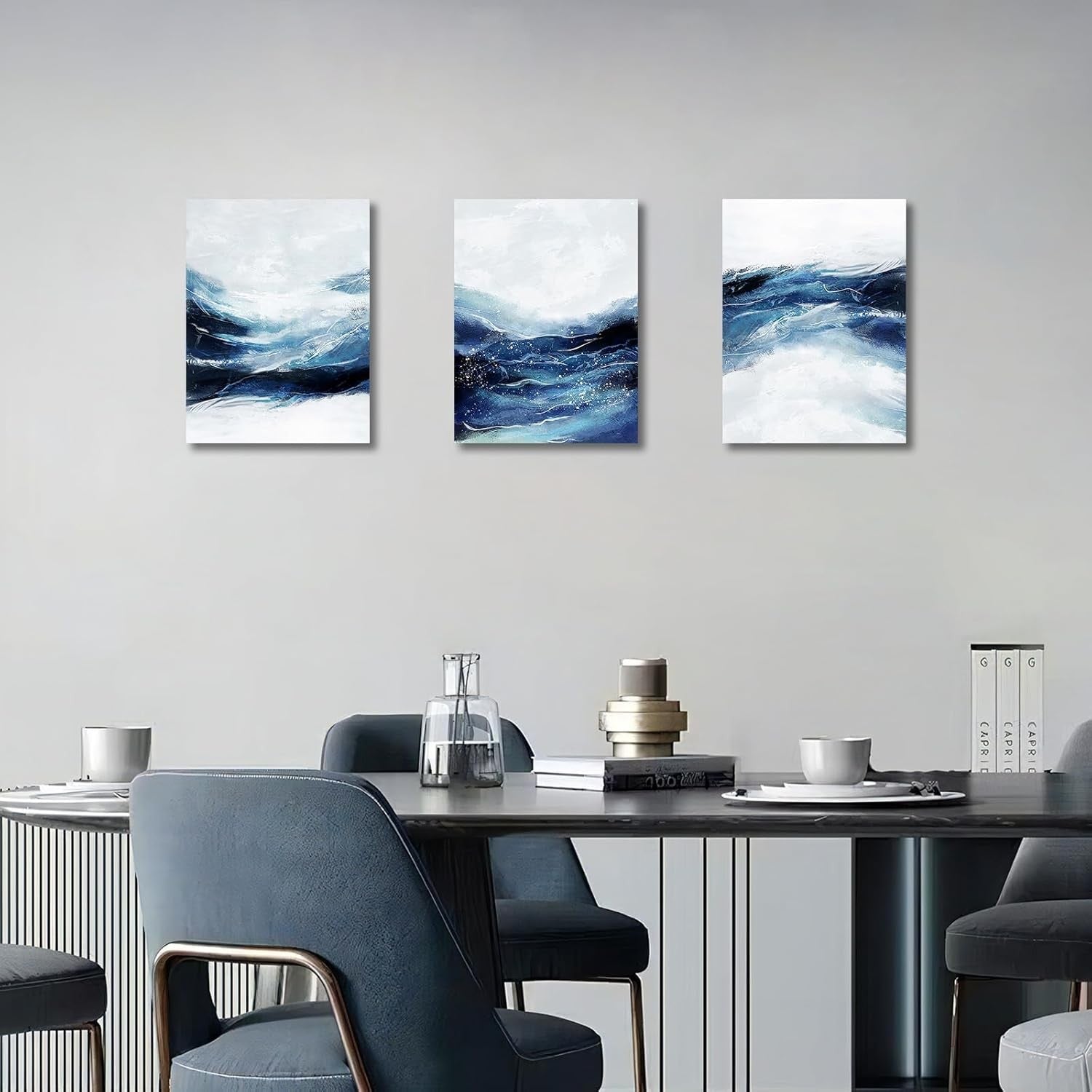 3Pcs Blue Abstract Canvas Wall Art 30x40cm Framed Sea Wave